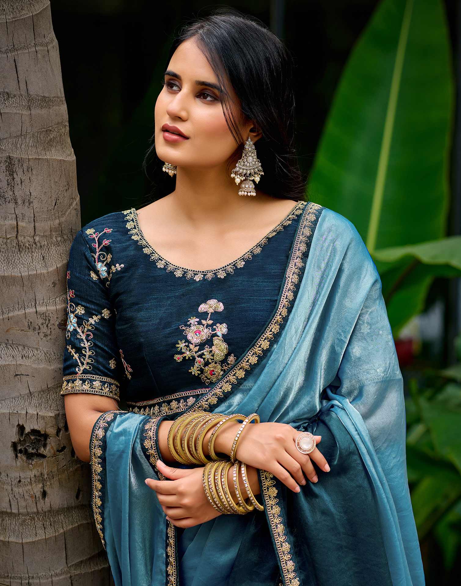Light Teal Blue Tissue Silk Lace Saree