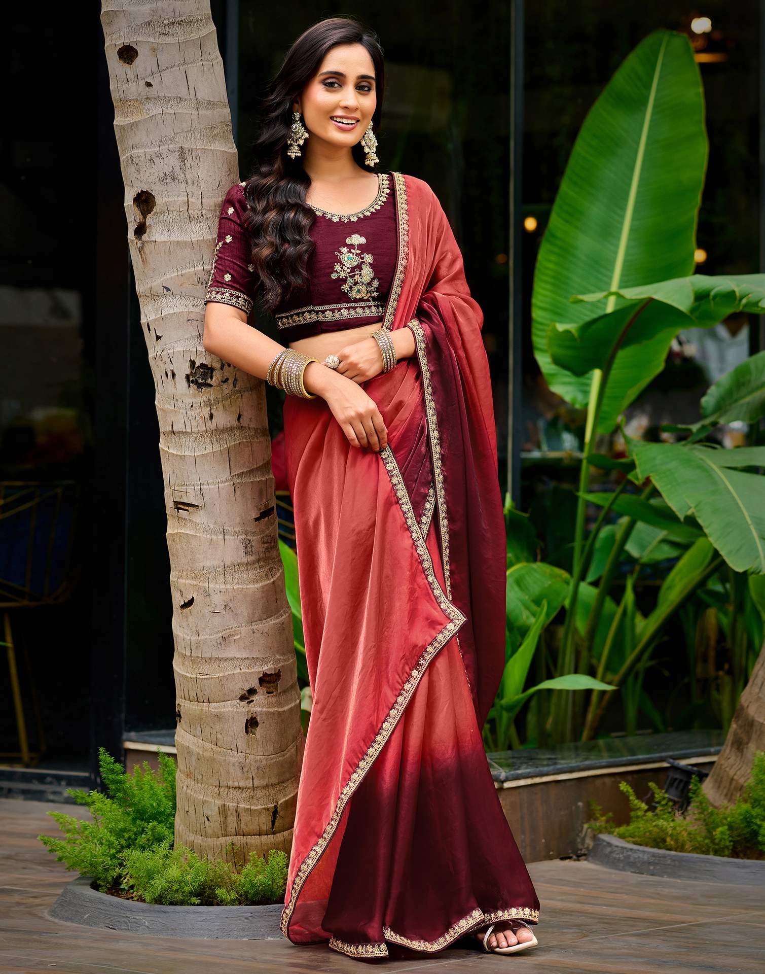 Maroon Tissue Silk Lace Saree