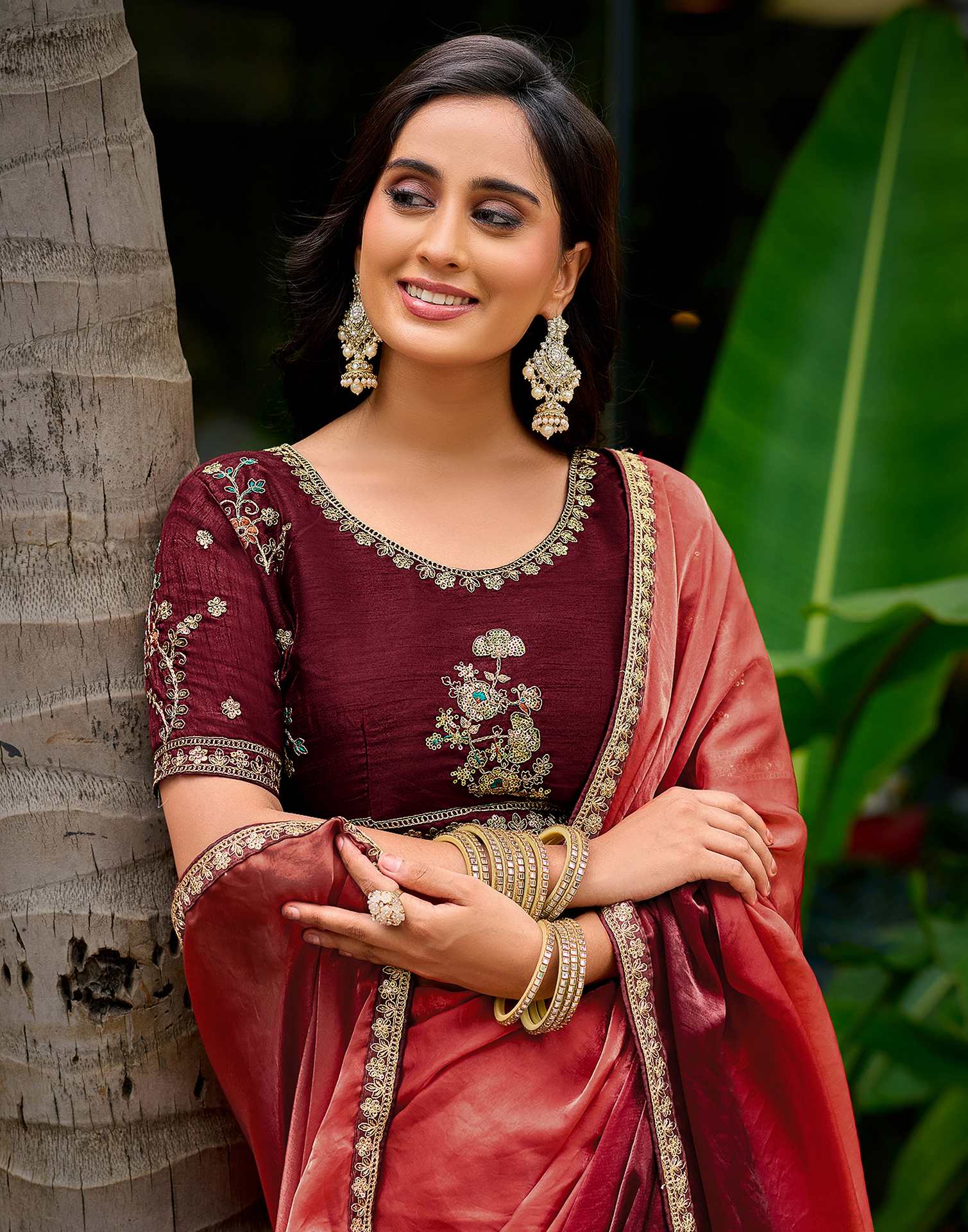 Maroon Tissue Silk Lace Saree