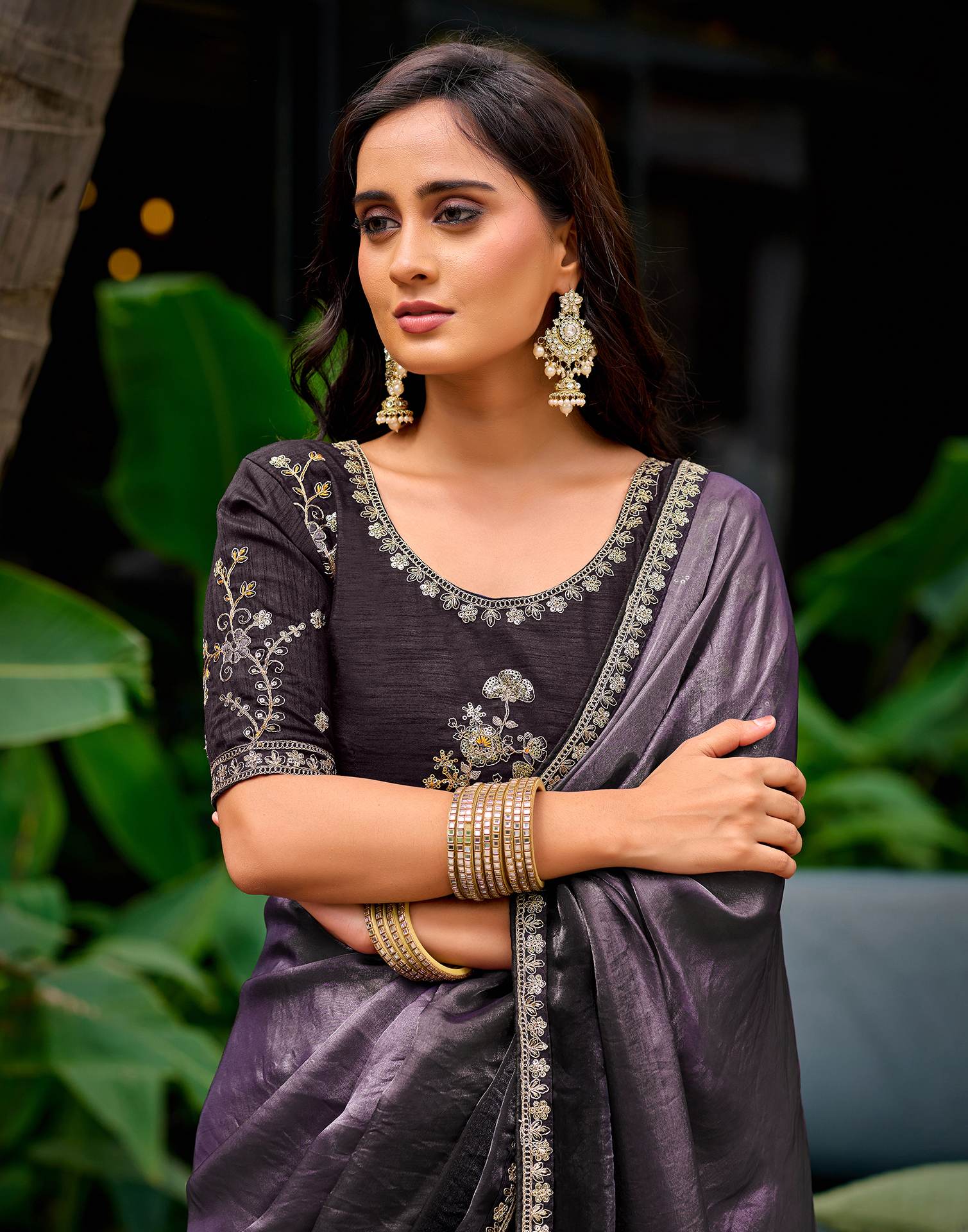 Dusty Purple Tissue Silk Lace Saree