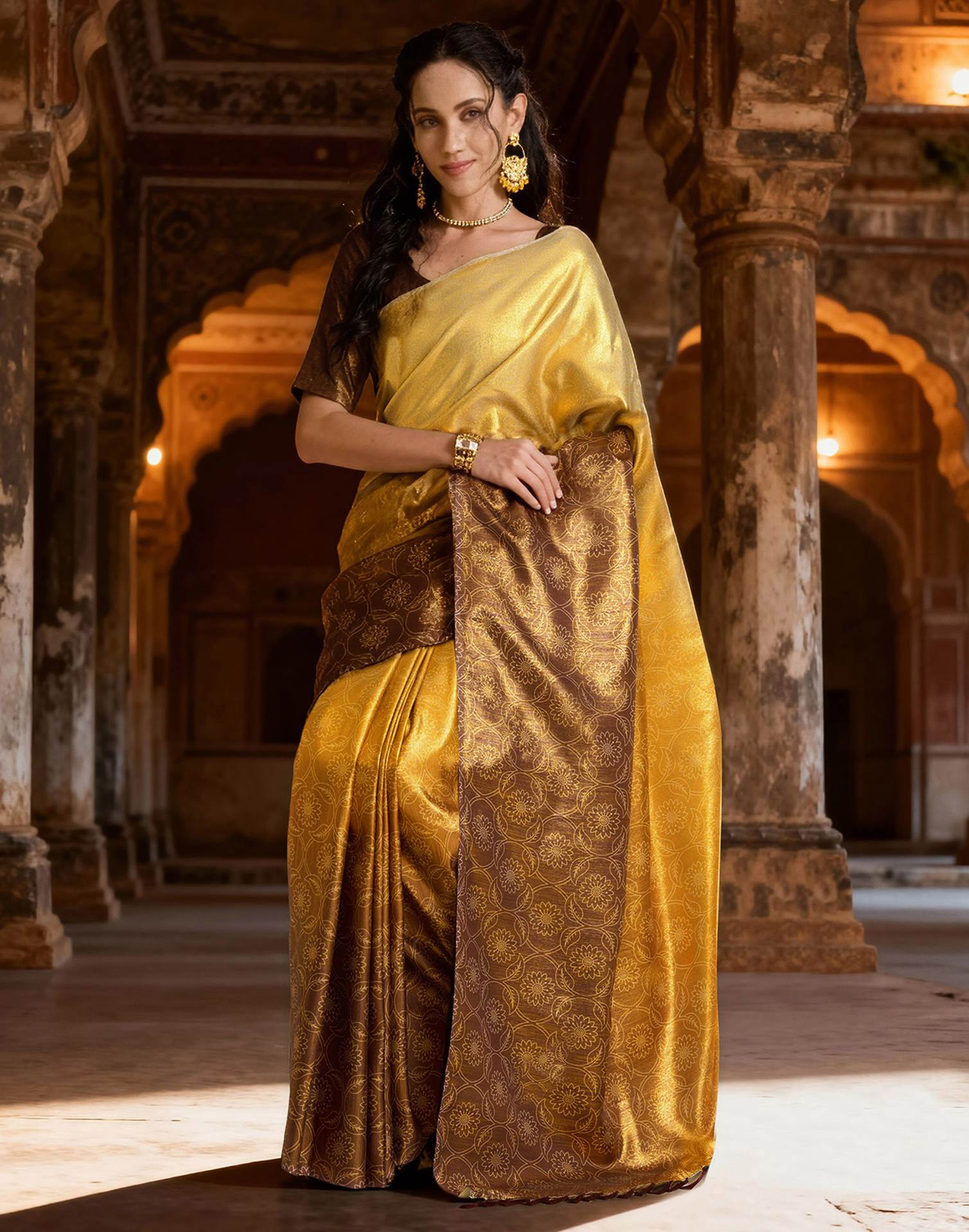 Yellow Silk Printed Saree