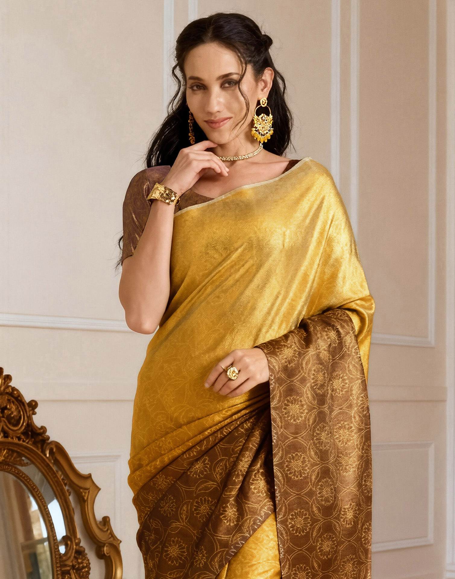 Yellow Silk Printed Saree