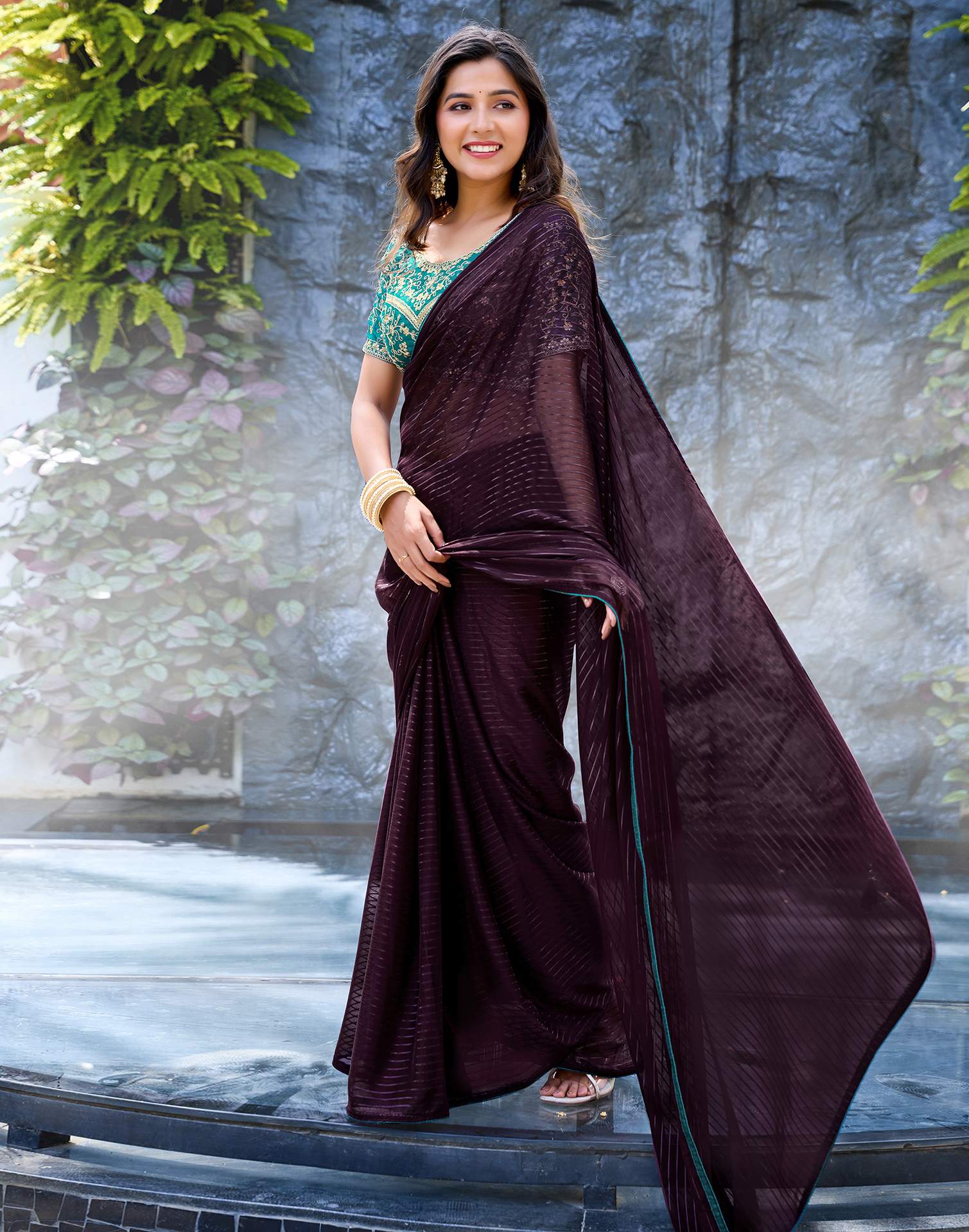 Wine Georgette Zari Stripe Saree