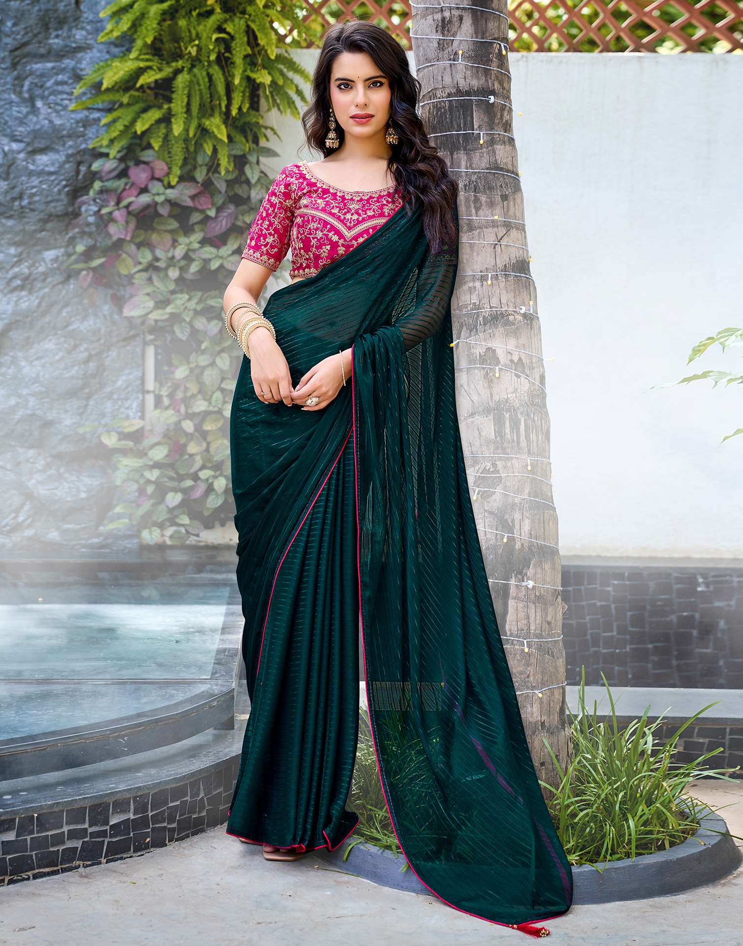 Rama Green Georgette Zari Stripe Saree