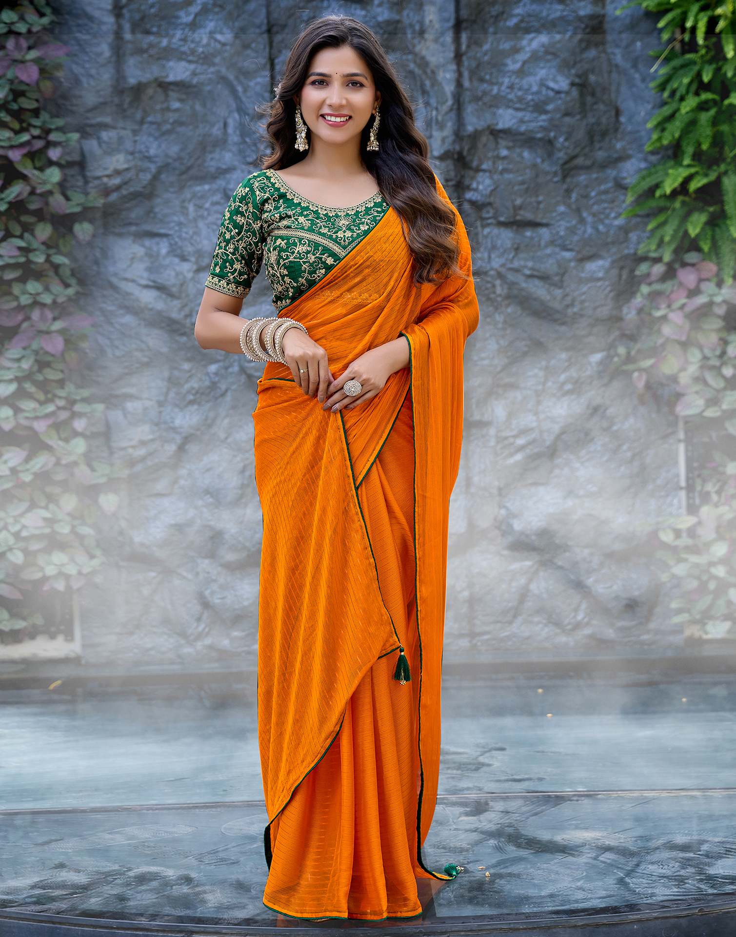 Orange Georgette Zari Stripe Saree