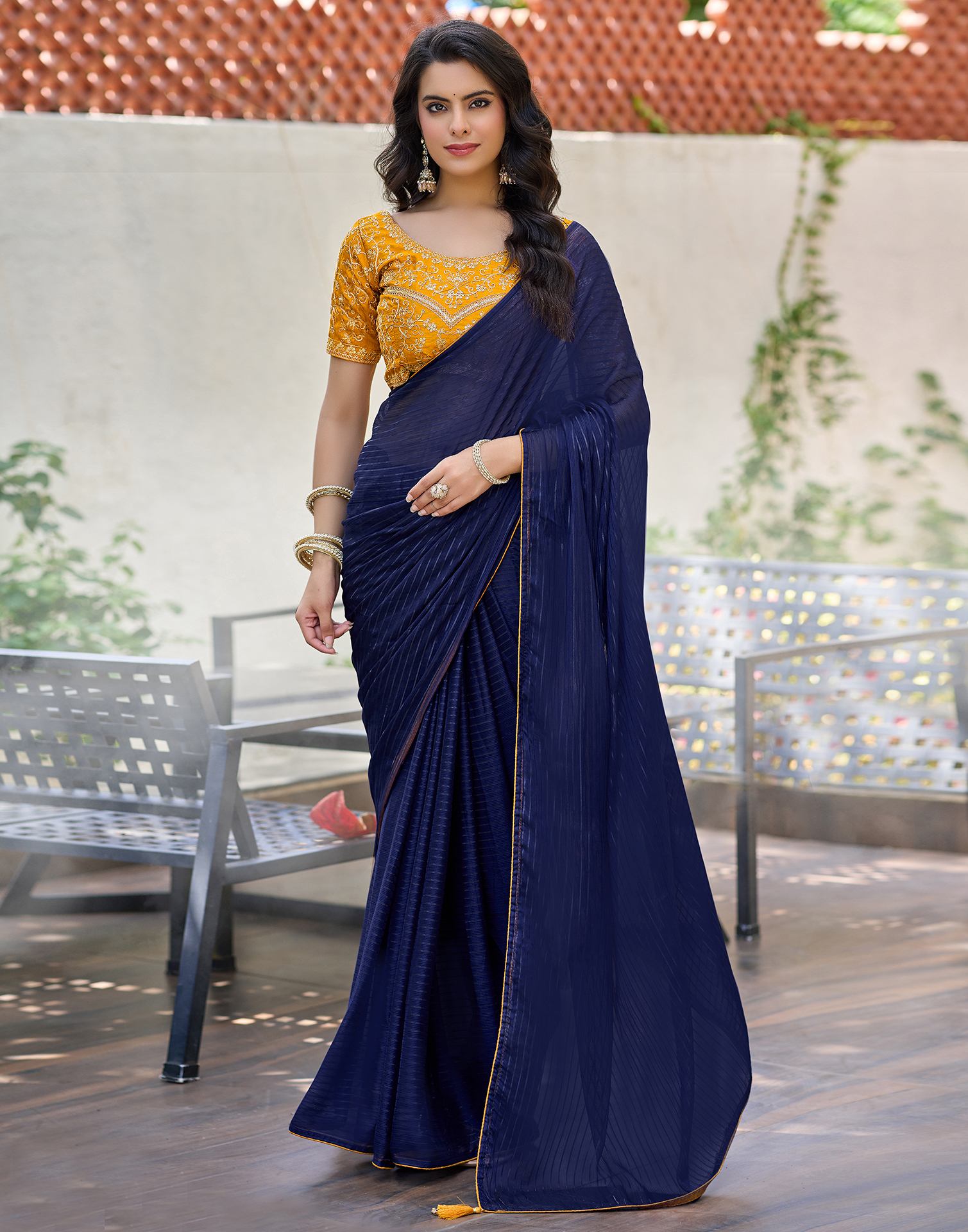 Navy Blue Georgette Zari Stripe Saree