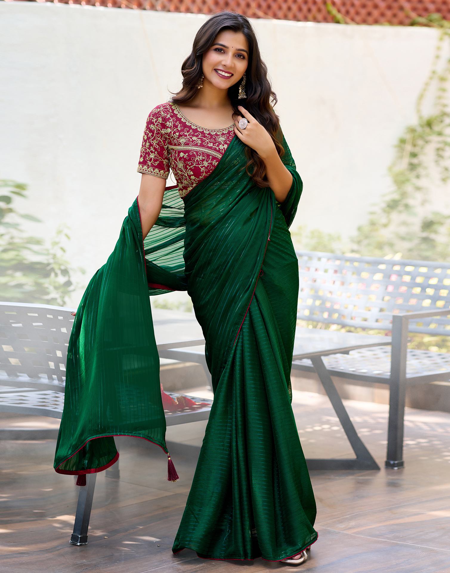 Dark Green Georgette Zari Stripe Saree