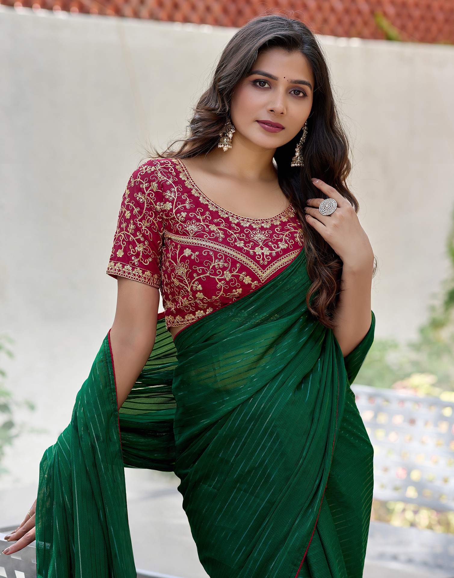 Dark Green Georgette Zari Stripe Saree