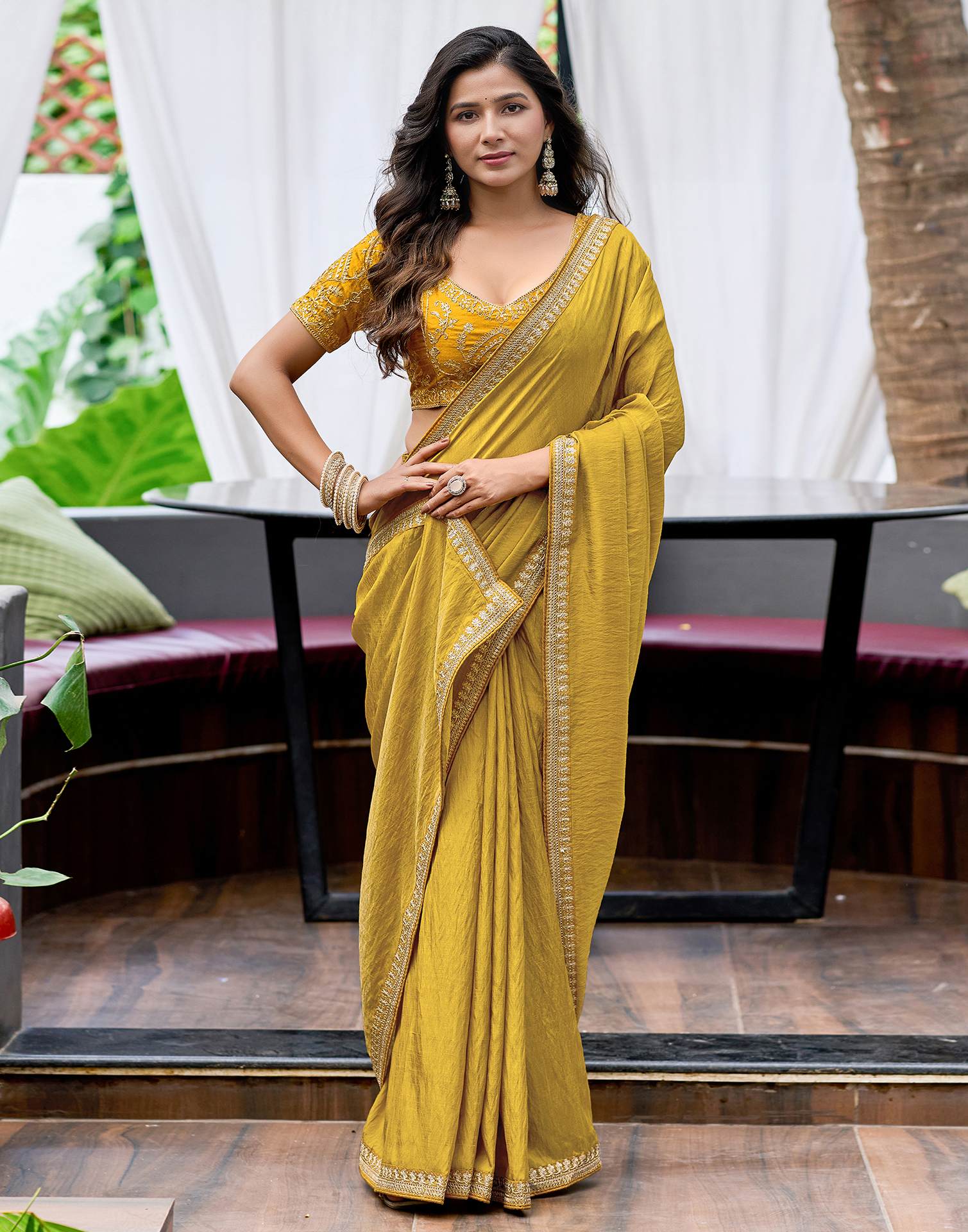 Yellow Silk Sequence Lace Saree