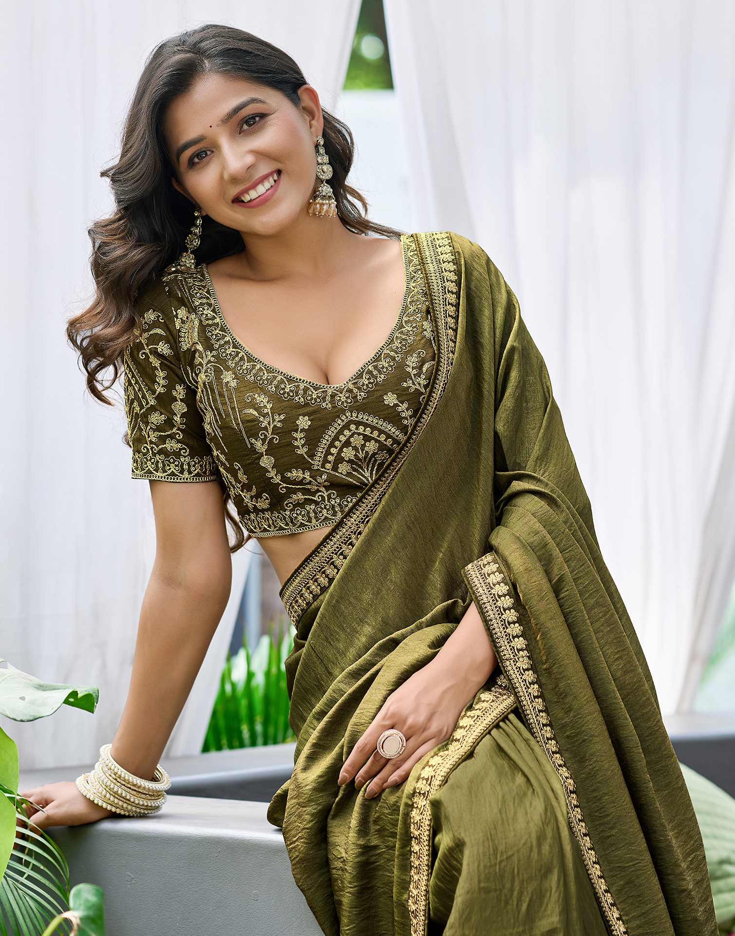 Olive Green Silk Sequence Lace Saree