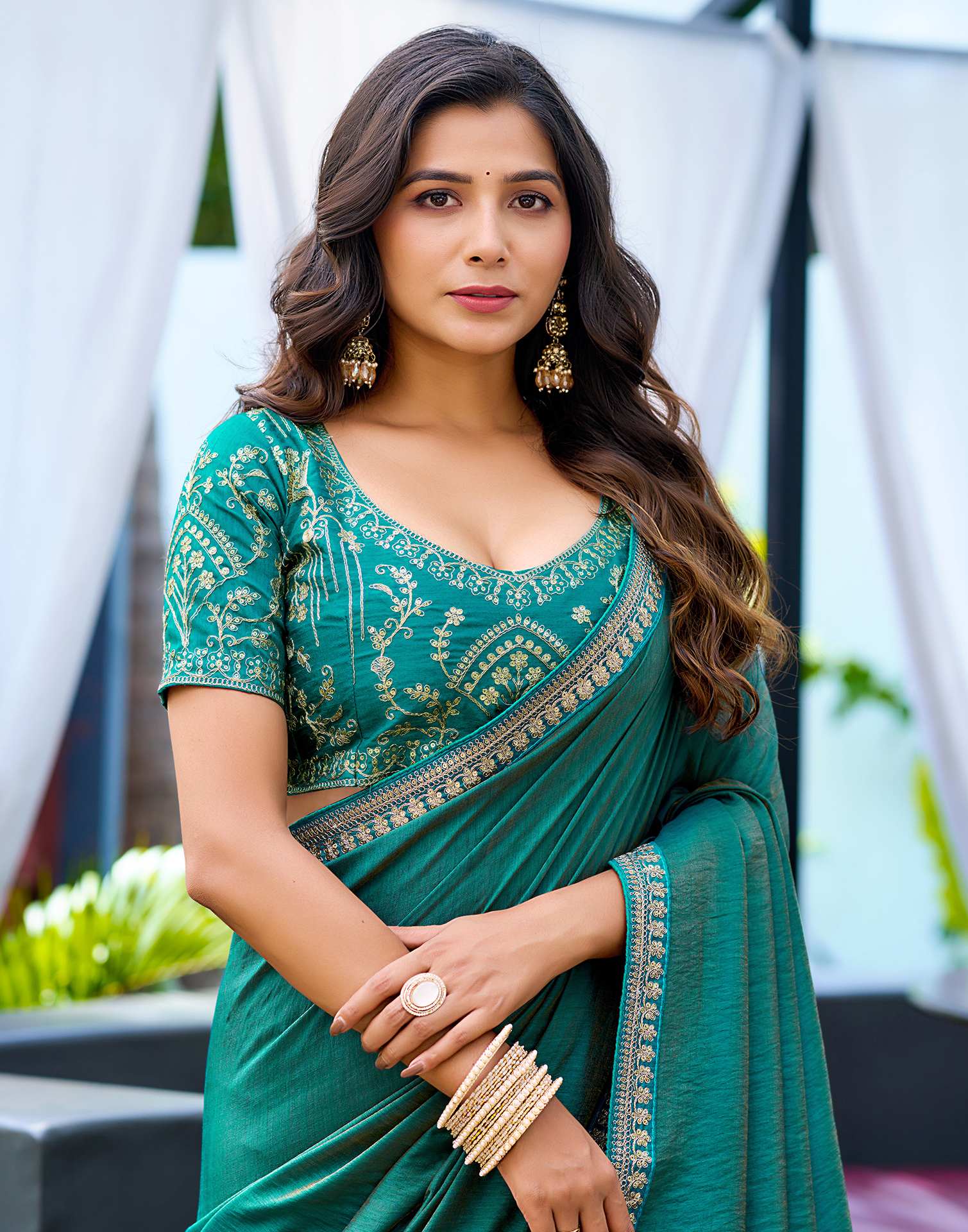 Teal Blue Silk Sequence Lace Saree