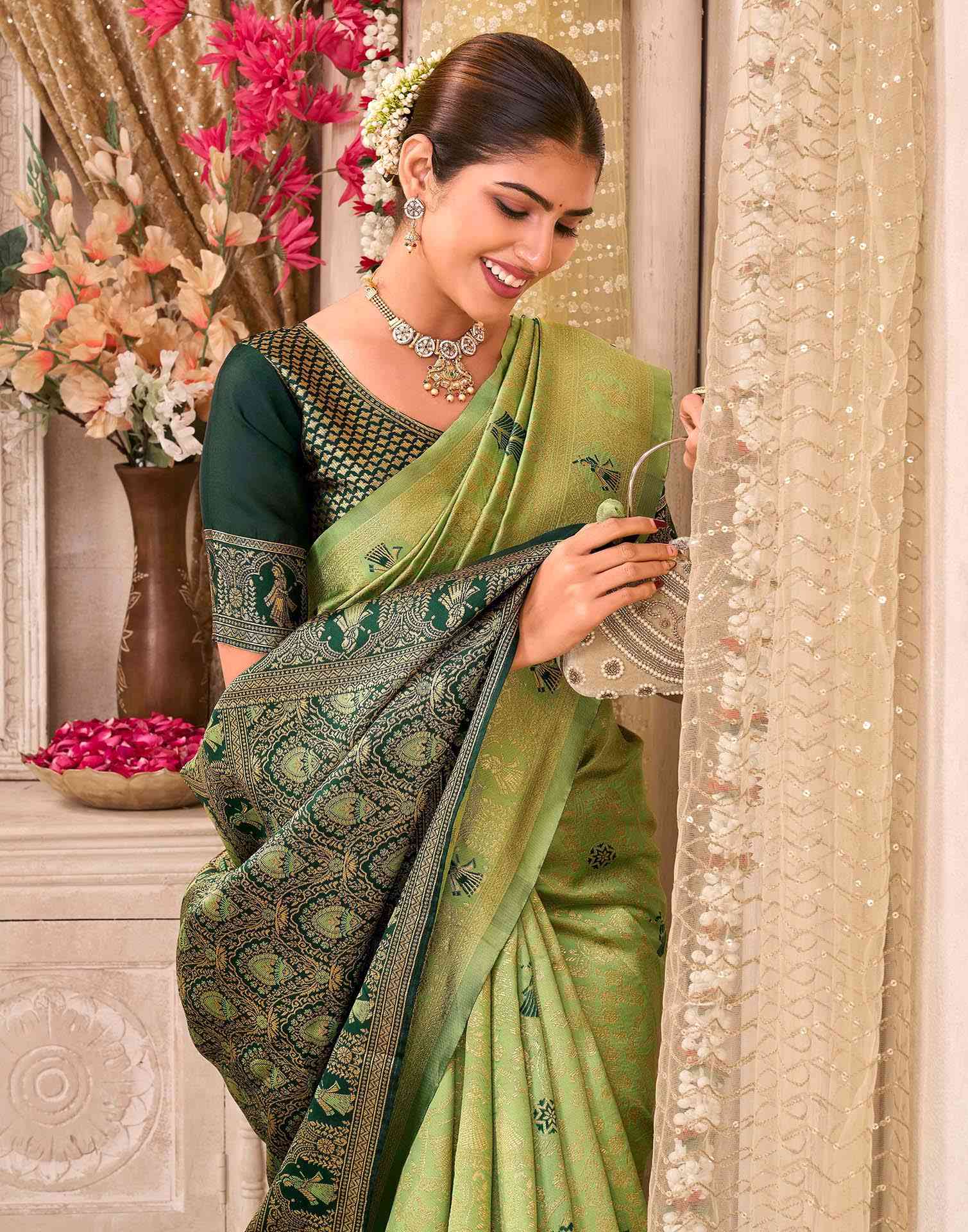 Pista Green Silk Woven Baluchari Saree