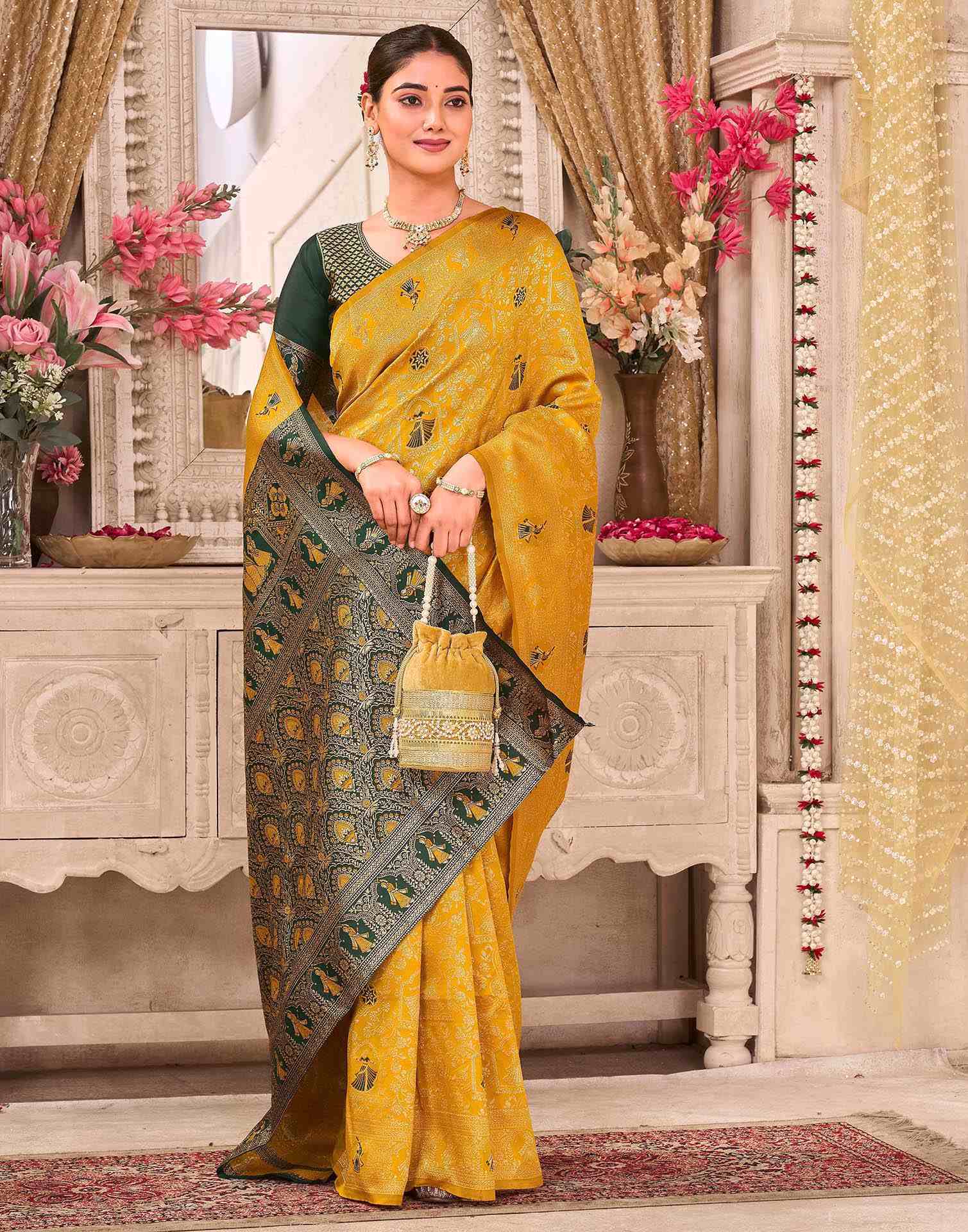 Yellow Silk Woven Baluchari Saree