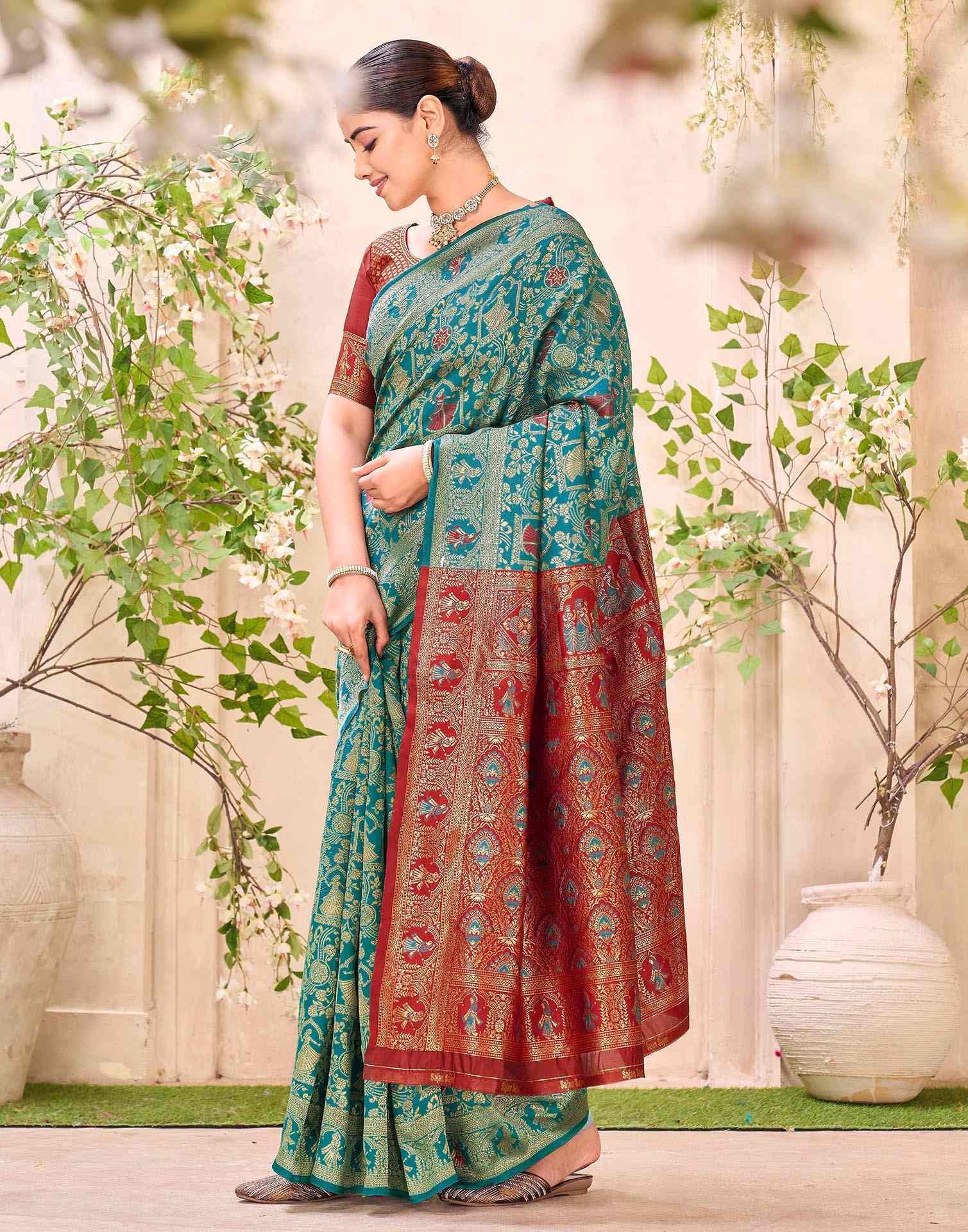 Teal Blue Silk Woven Baluchari Saree