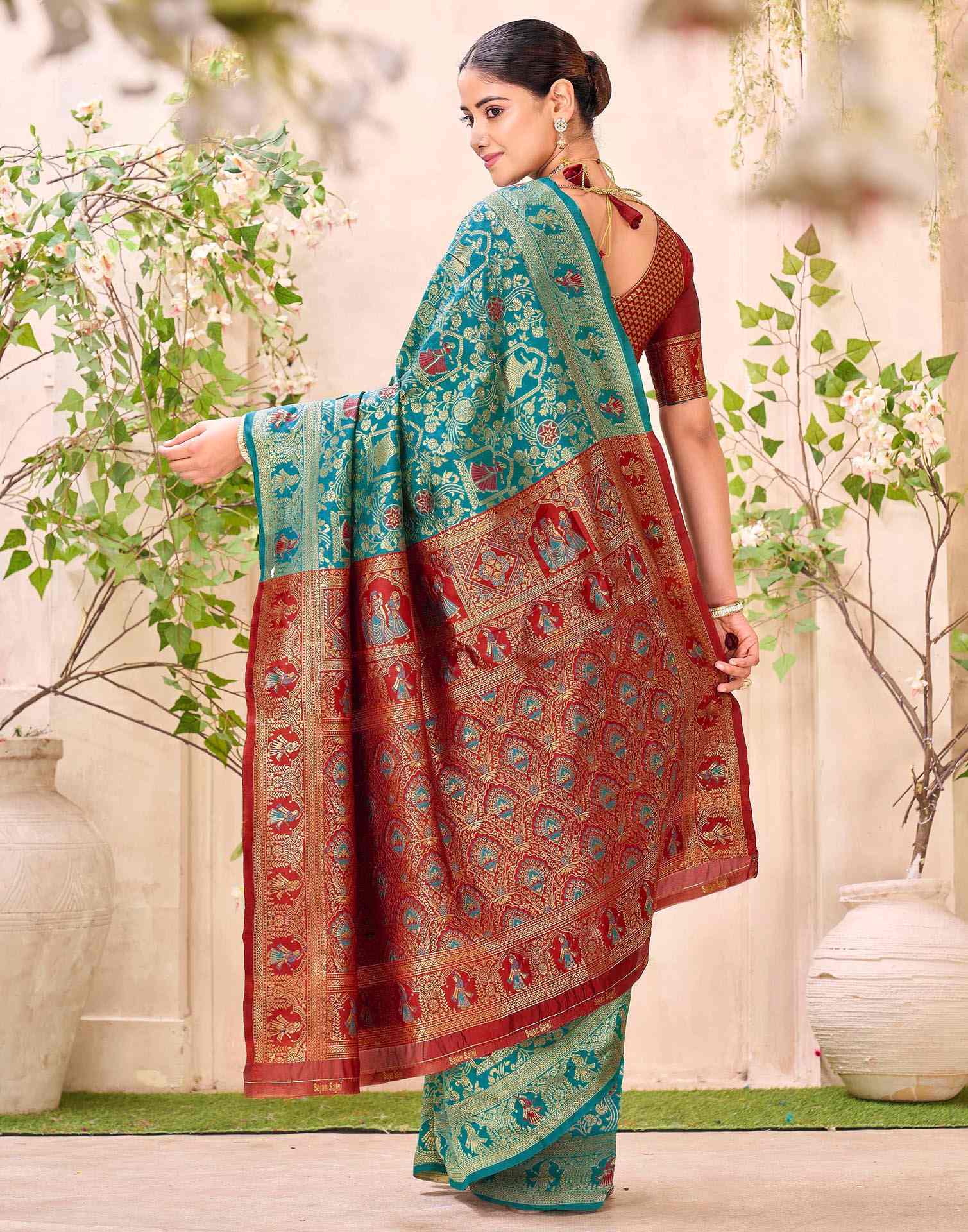 Teal Blue Silk Woven Baluchari Saree
