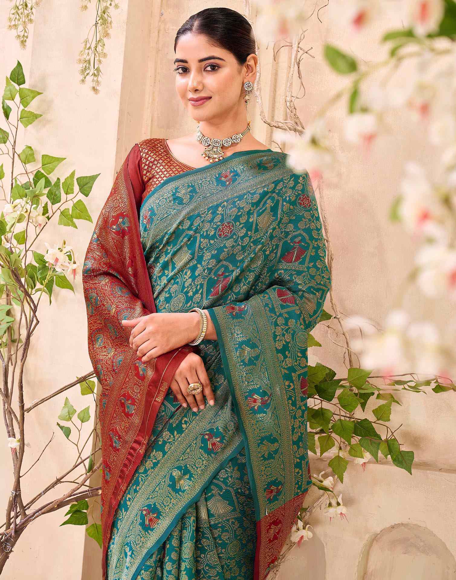 Teal Blue Silk Woven Baluchari Saree