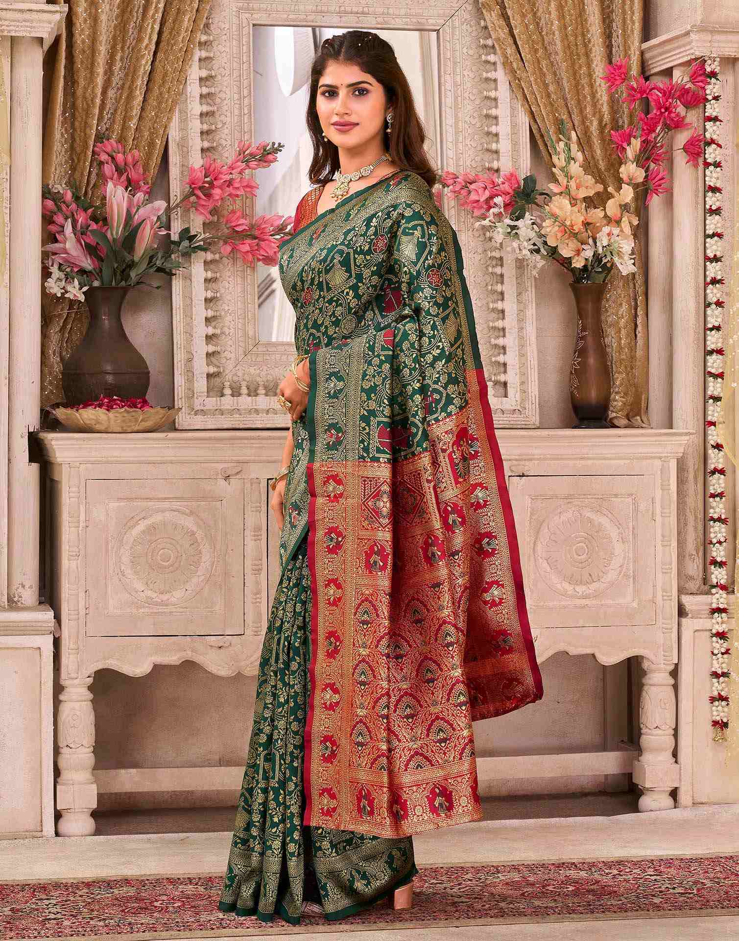 Dark Green Silk Woven Baluchari Saree