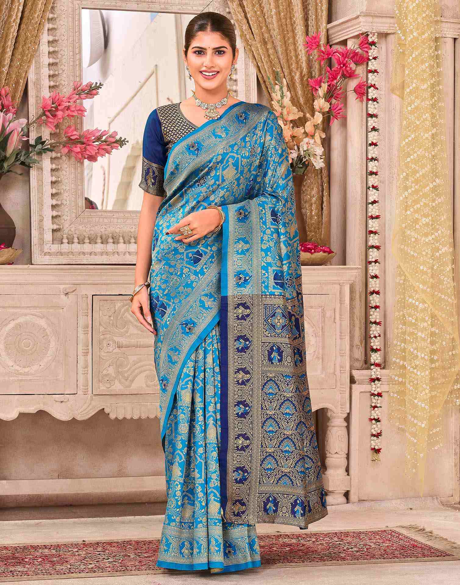 Teal Blue Silk Woven Baluchari Saree