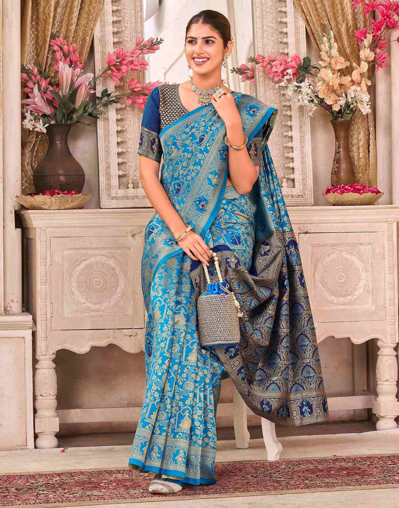 Teal Blue Silk Woven Baluchari Saree
