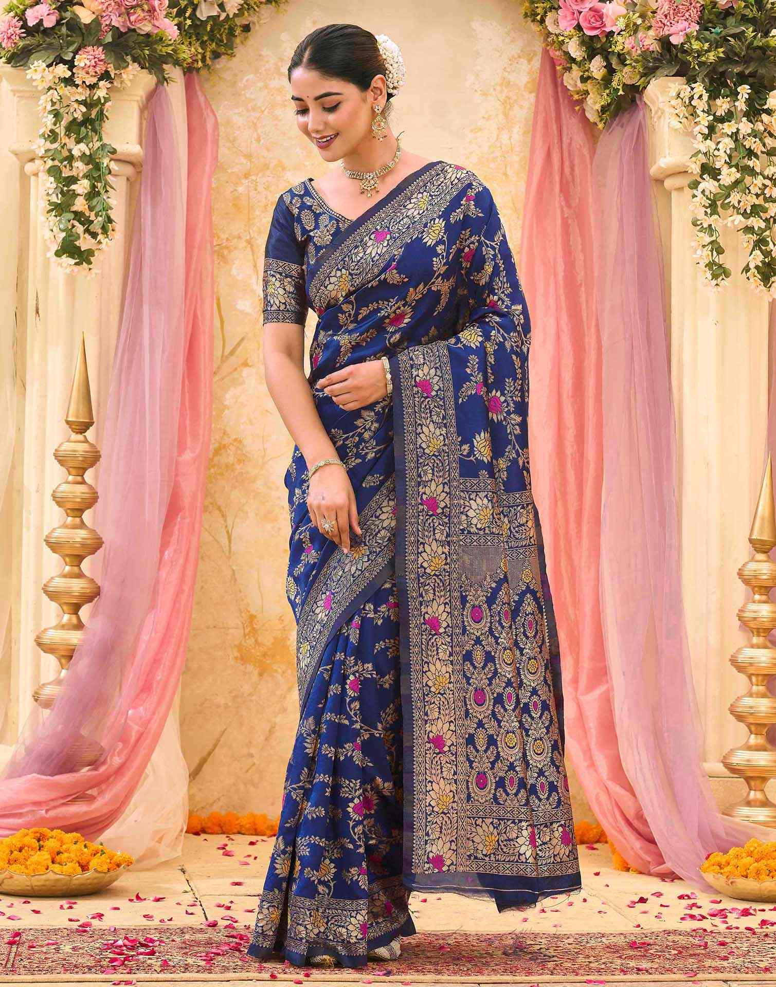 Navy Blue Silk Woven Banarasi Saree