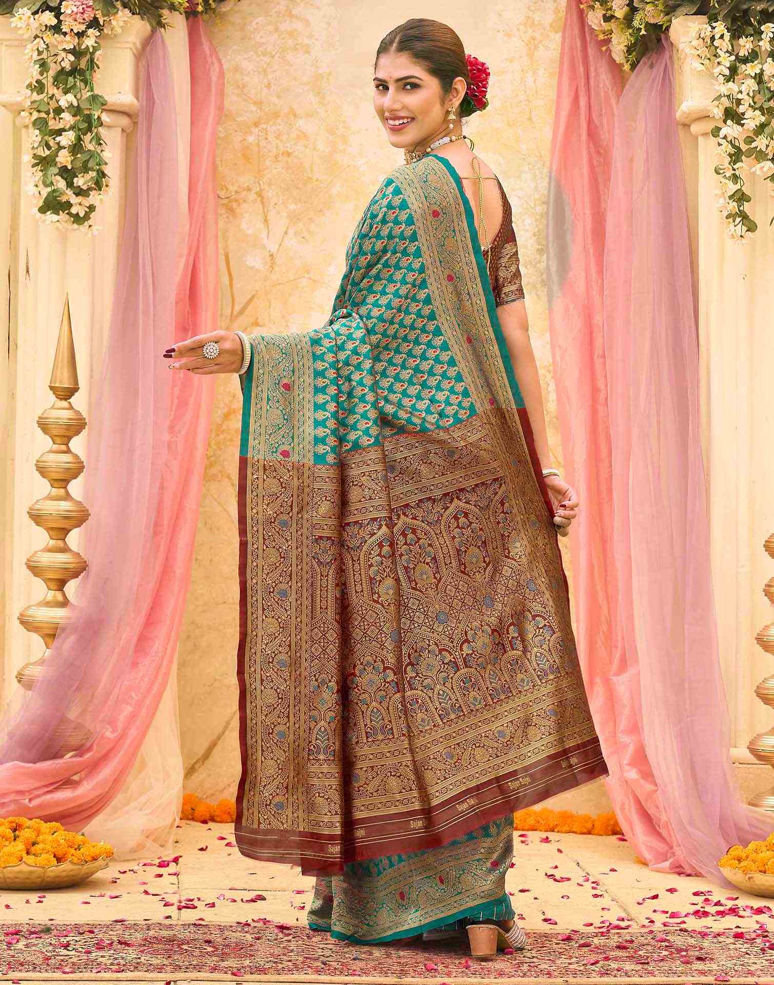 Teal Blue Silk Woven Banarasi Saree