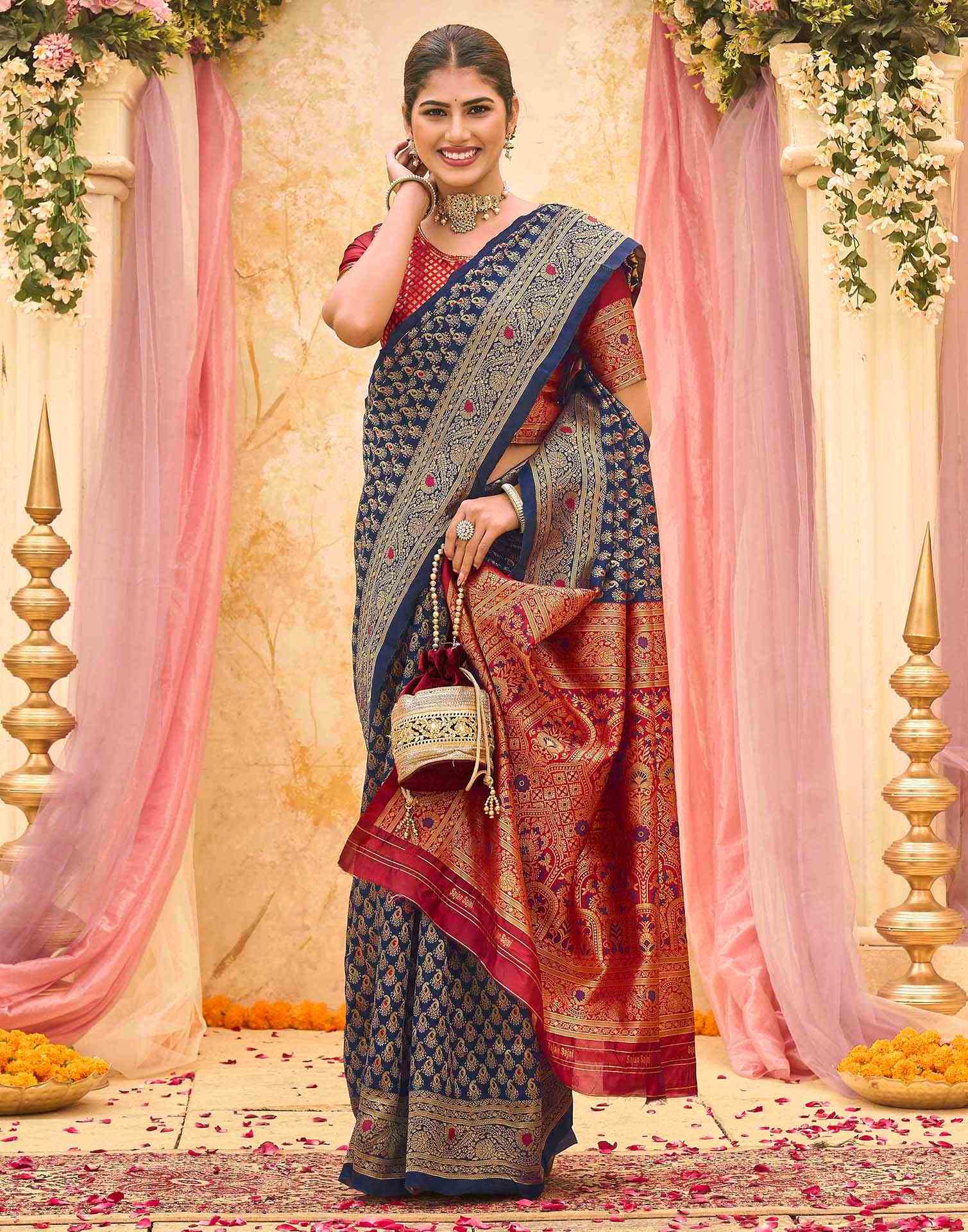 Navy Blue Silk Woven Banarasi Saree