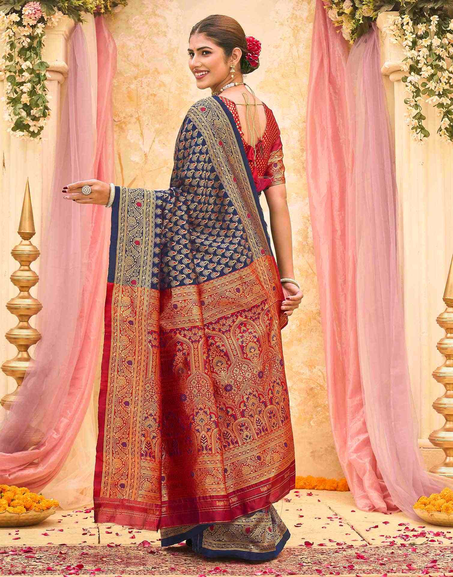 Navy Blue Silk Woven Banarasi Saree