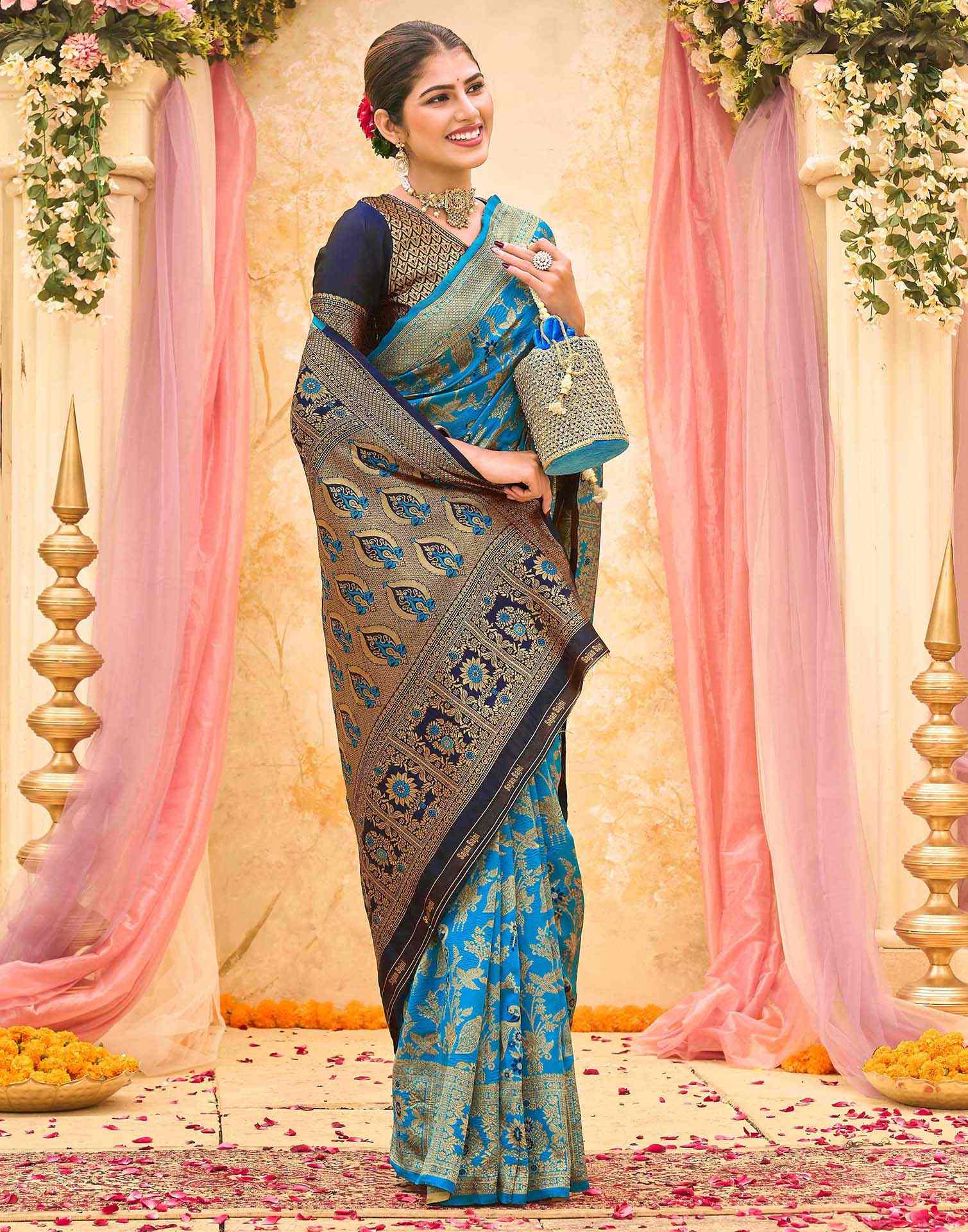 Teal Blue Silk Woven Banarasi Saree