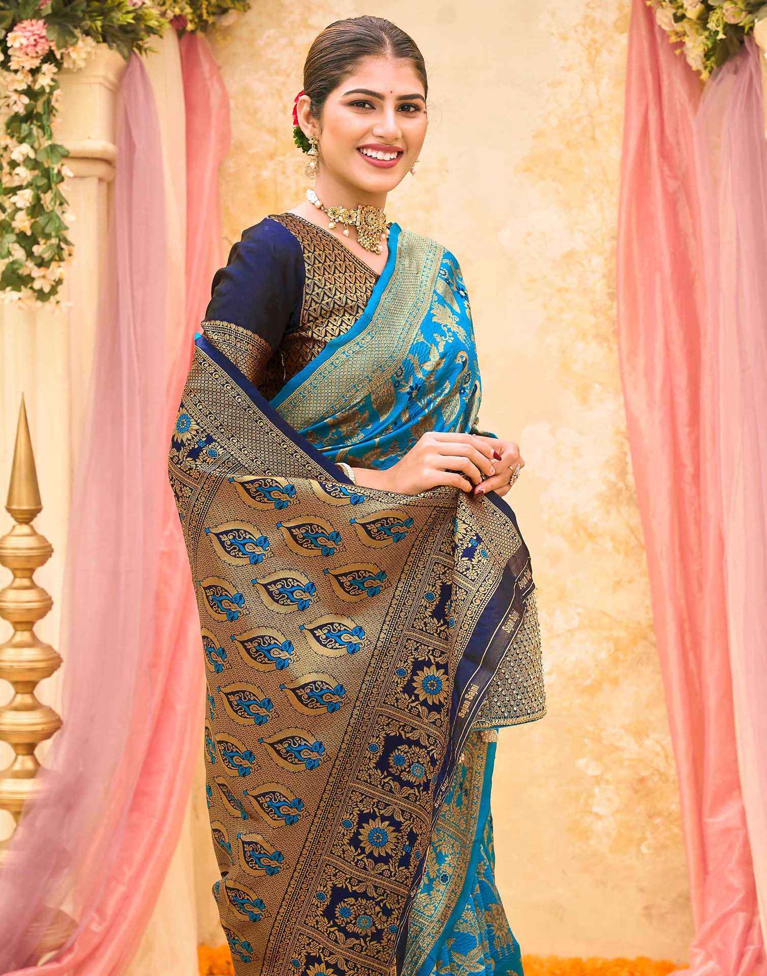 Teal Blue Silk Woven Banarasi Saree