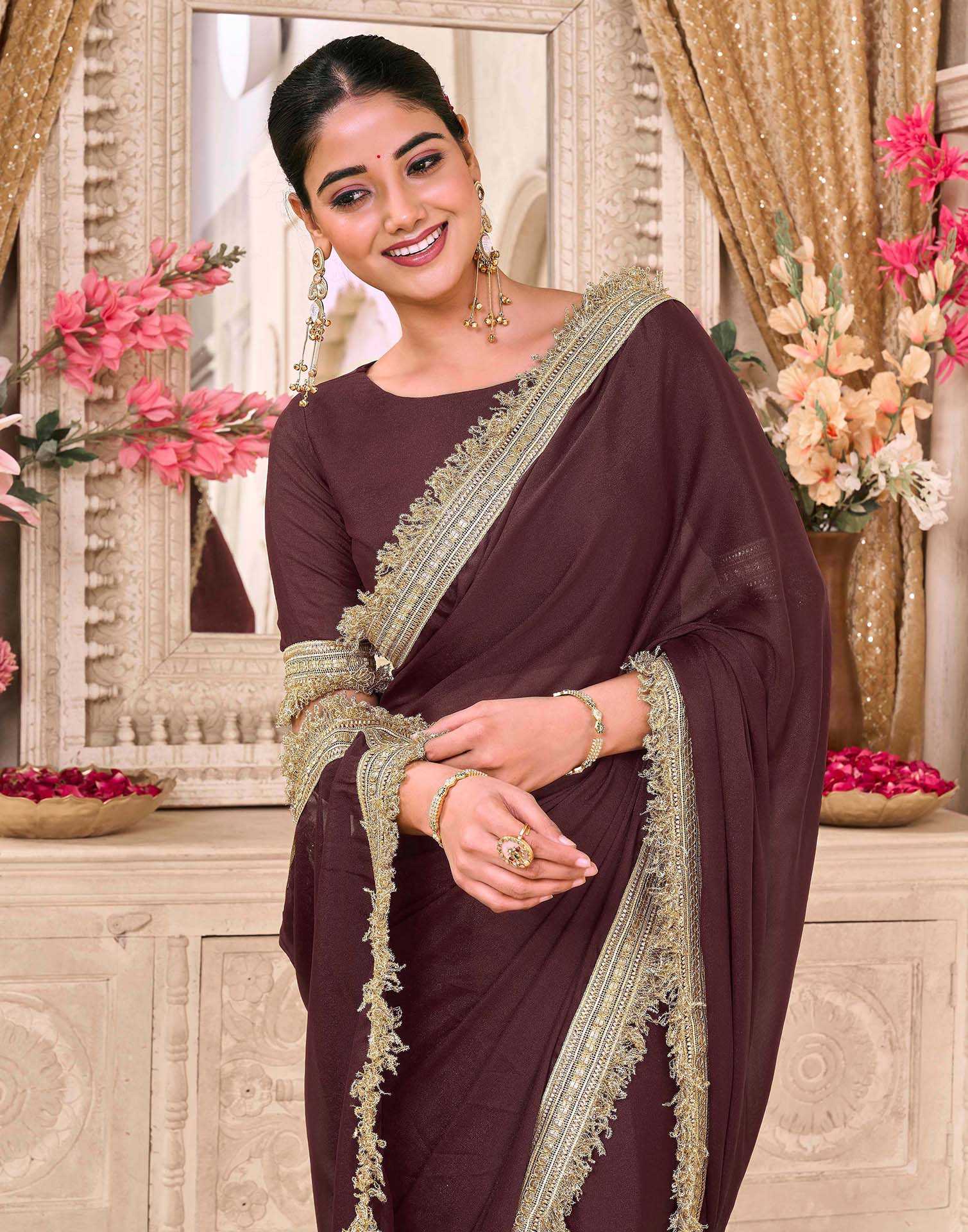 Maroon Georgette Gota Lace Saree