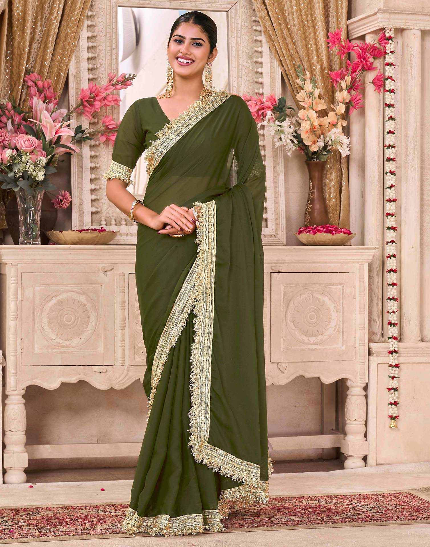 Mehandi Green Georgette Gota Lace Saree