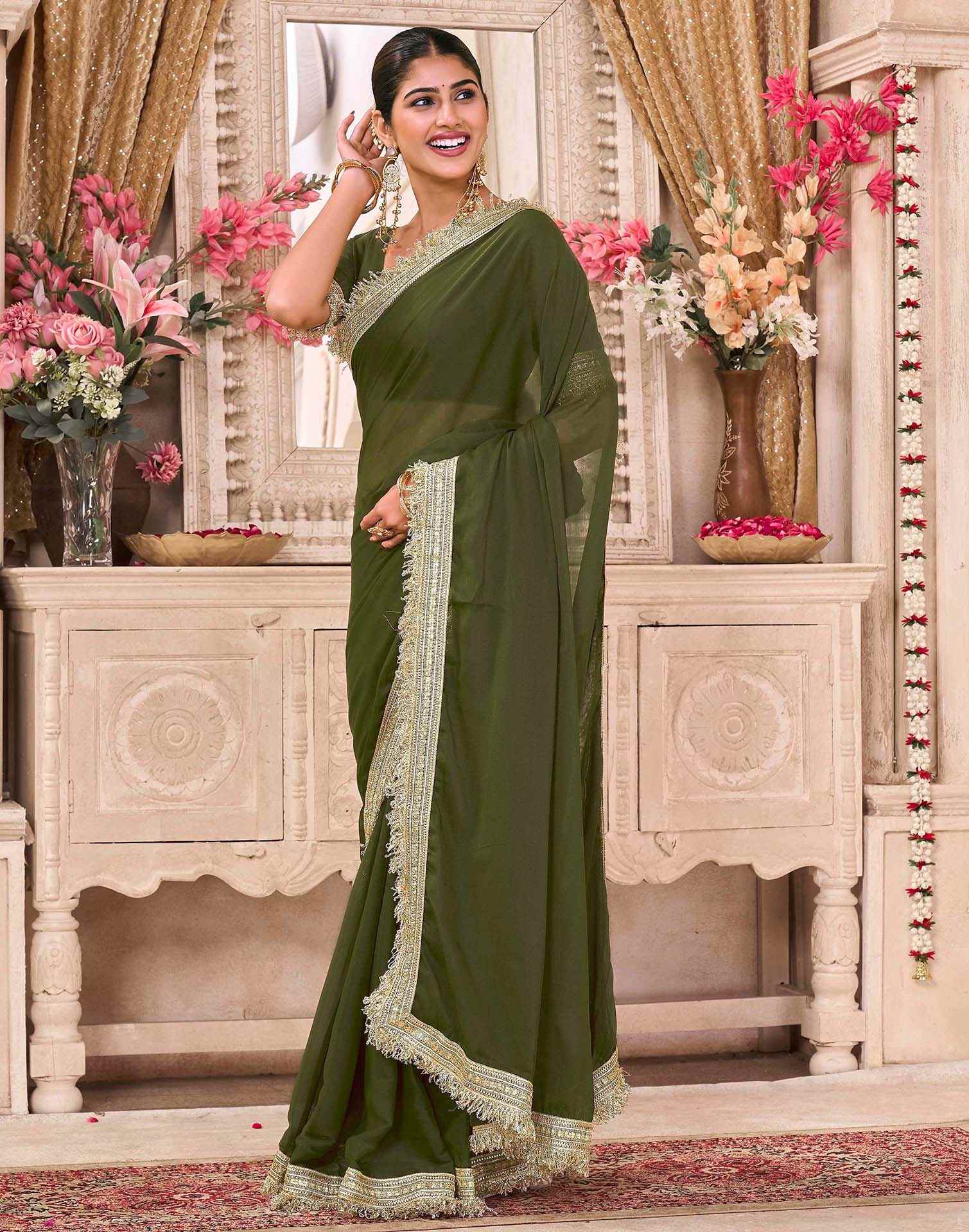 Mehandi Green Georgette Gota Lace Saree
