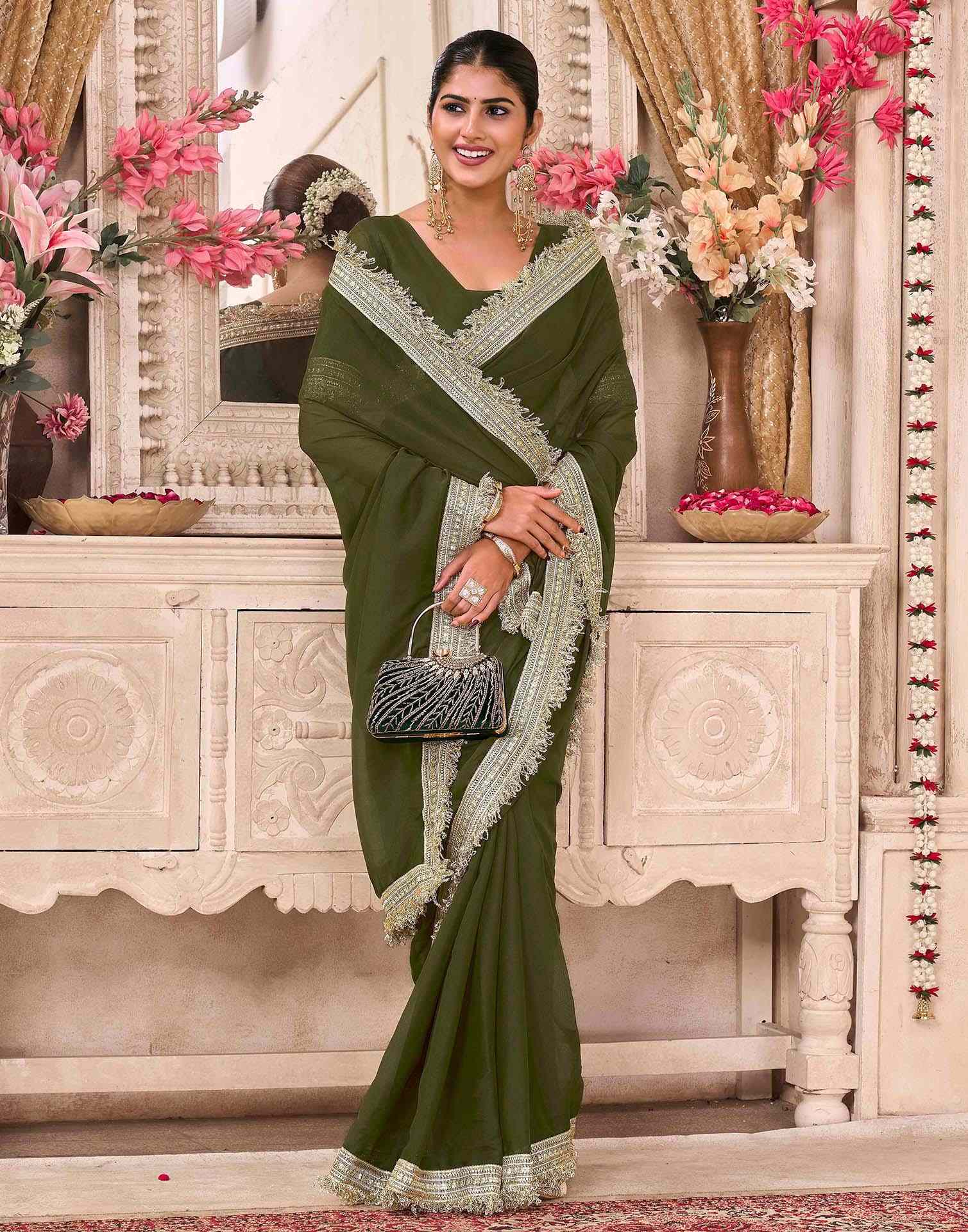 Mehandi Green Georgette Gota Lace Saree