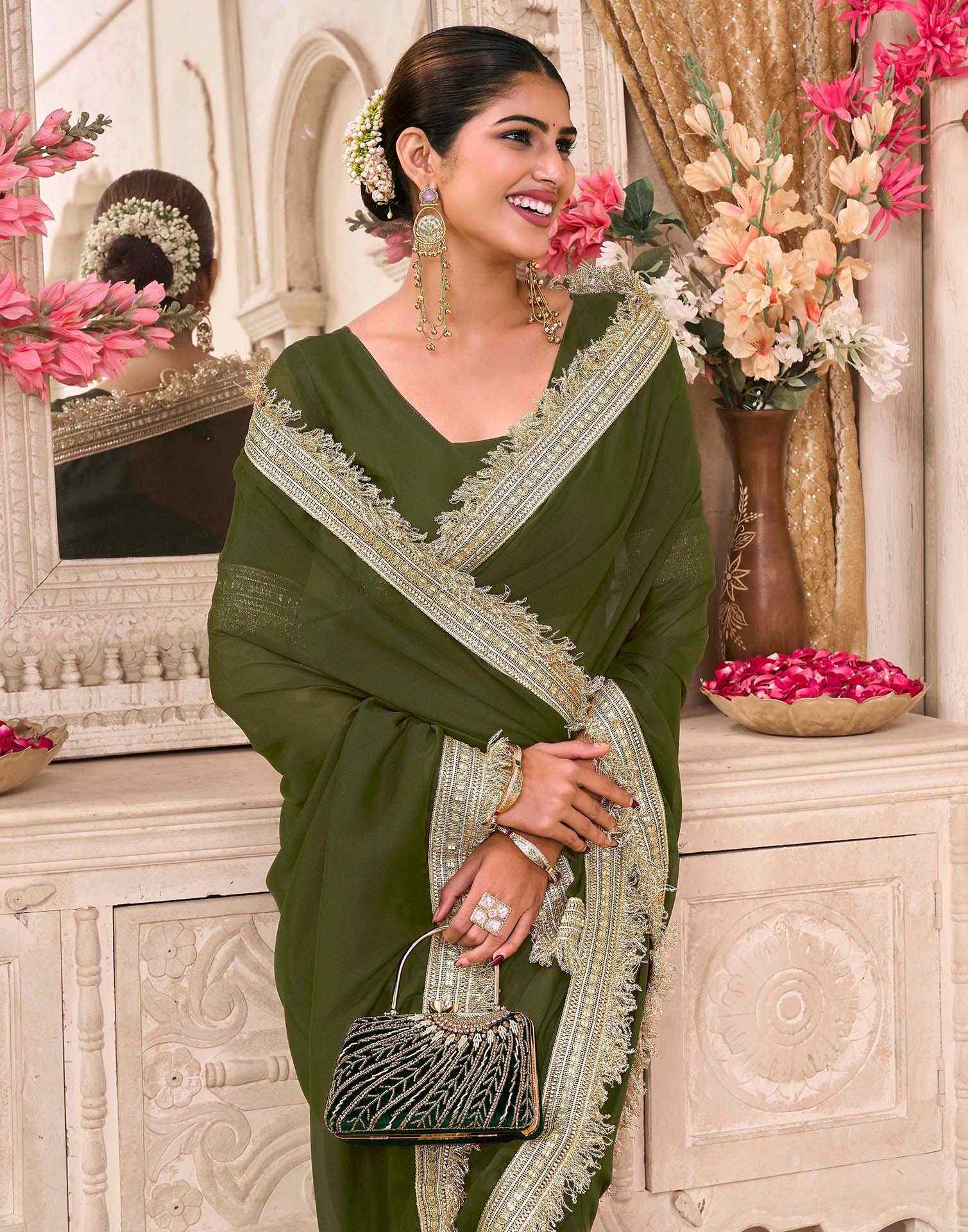 Mehandi Green Georgette Gota Lace Saree