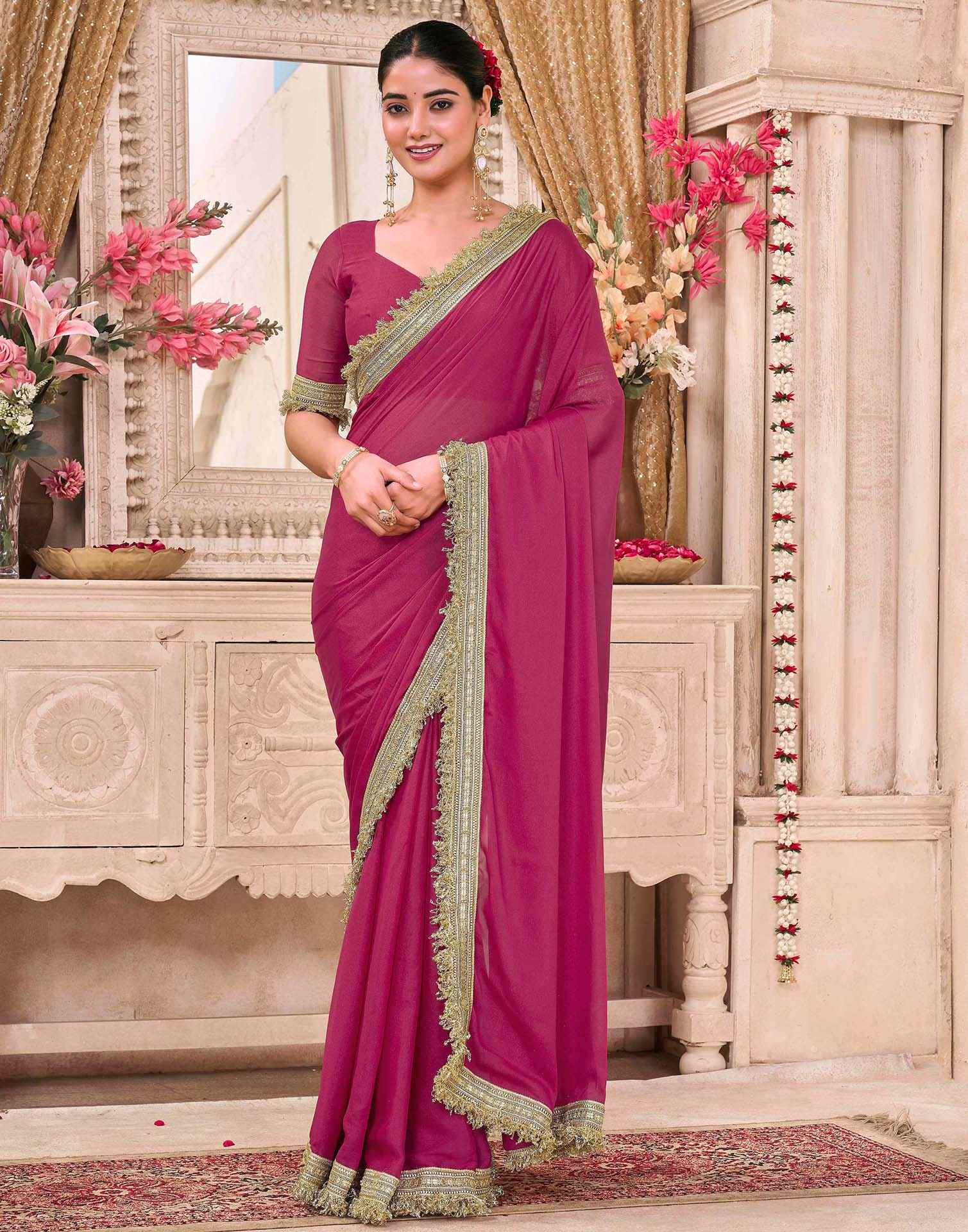 Rani Pink Georgette Gota Lace Saree