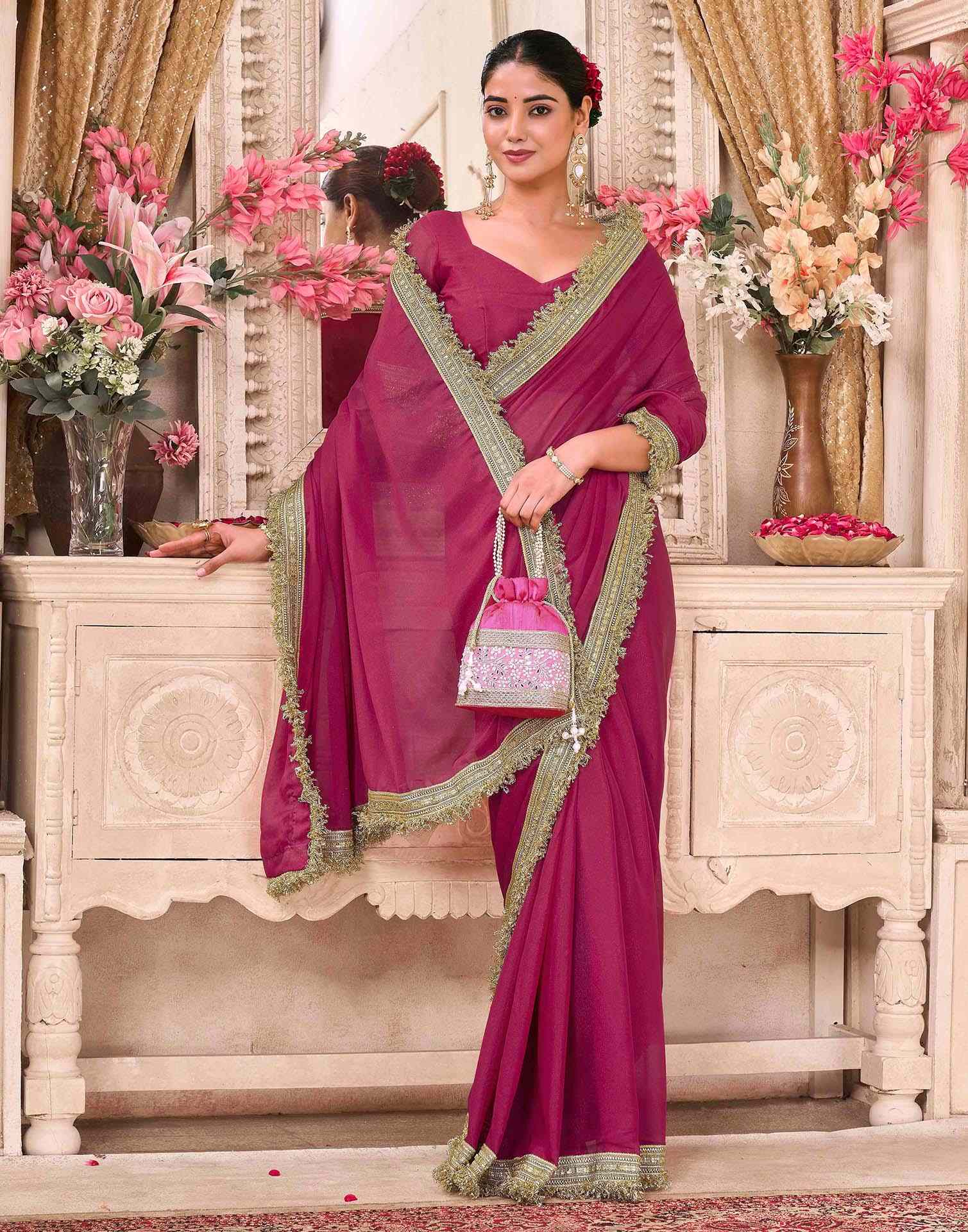 Rani Pink Georgette Gota Lace Saree
