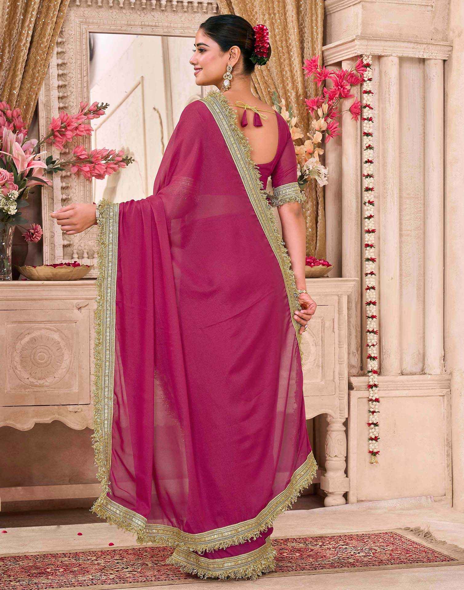 Rani Pink Georgette Gota Lace Saree