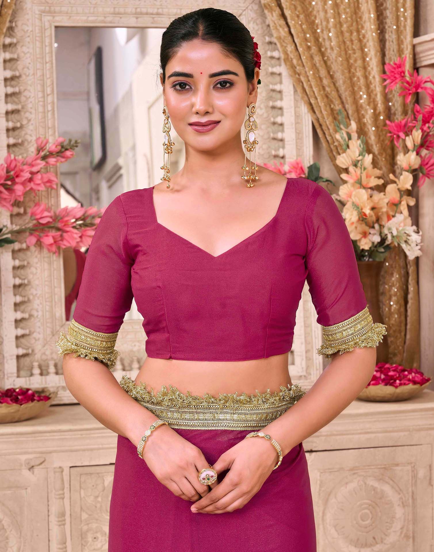 Rani Pink Georgette Gota Lace Saree