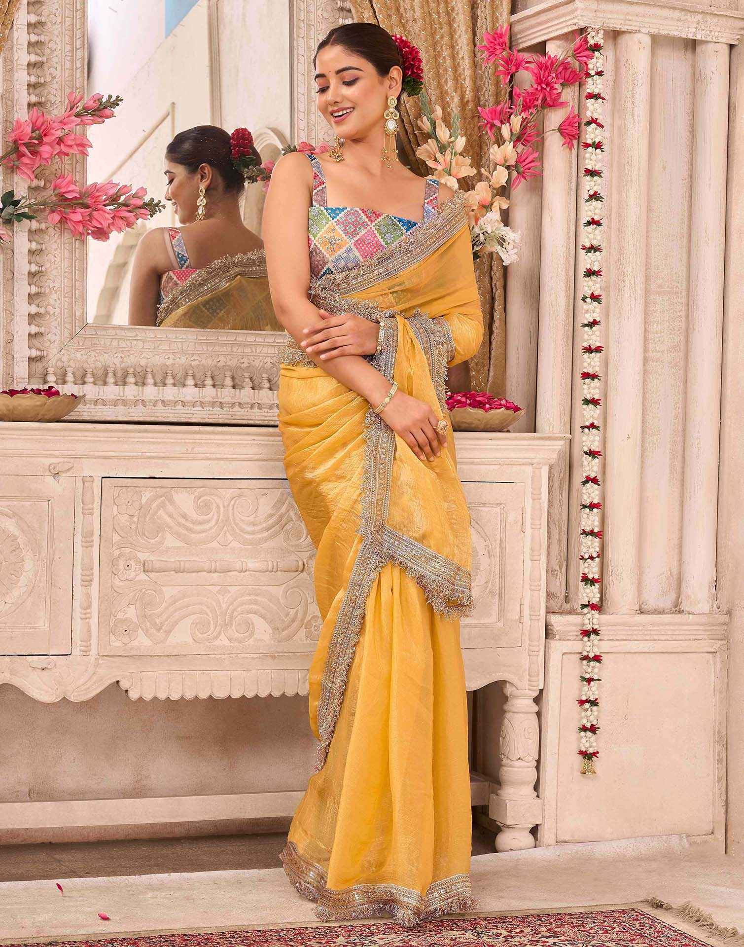 Yellow Shimmer Gota Lace Saree