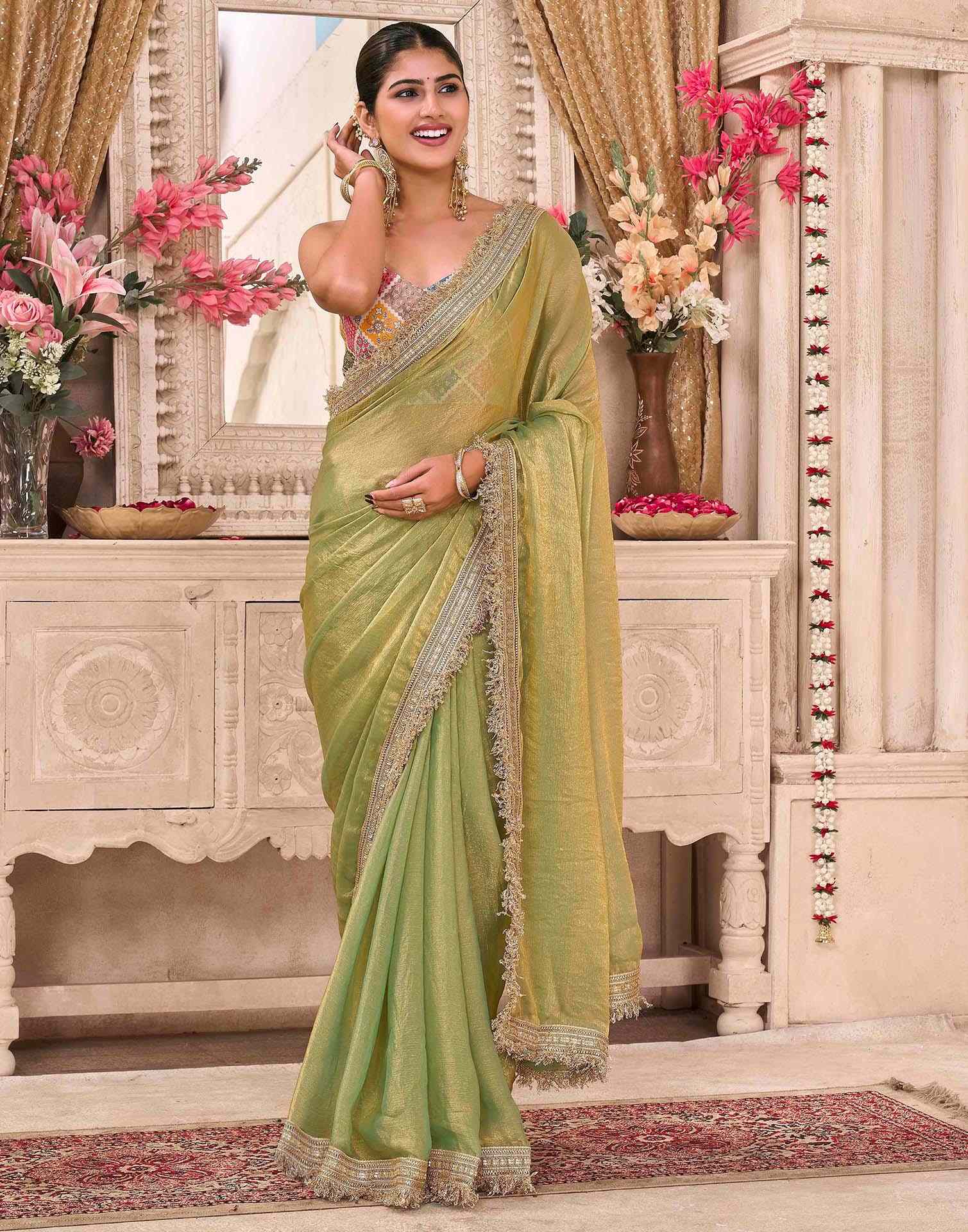 Parrot Green Shimmer Gota Lace Saree