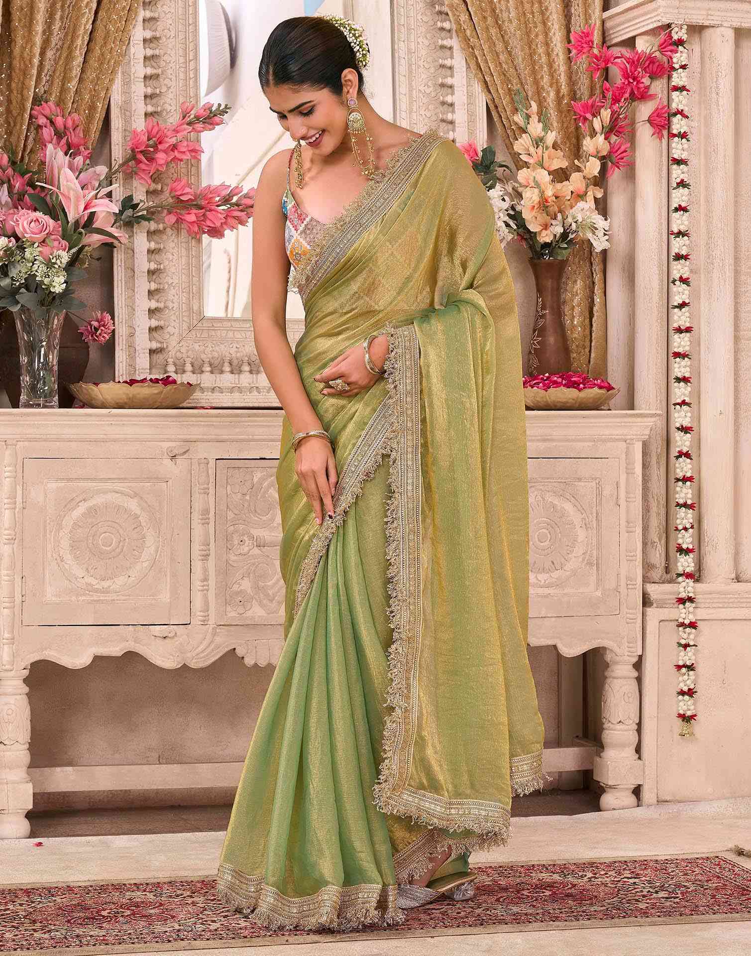 Parrot Green Shimmer Gota Lace Saree