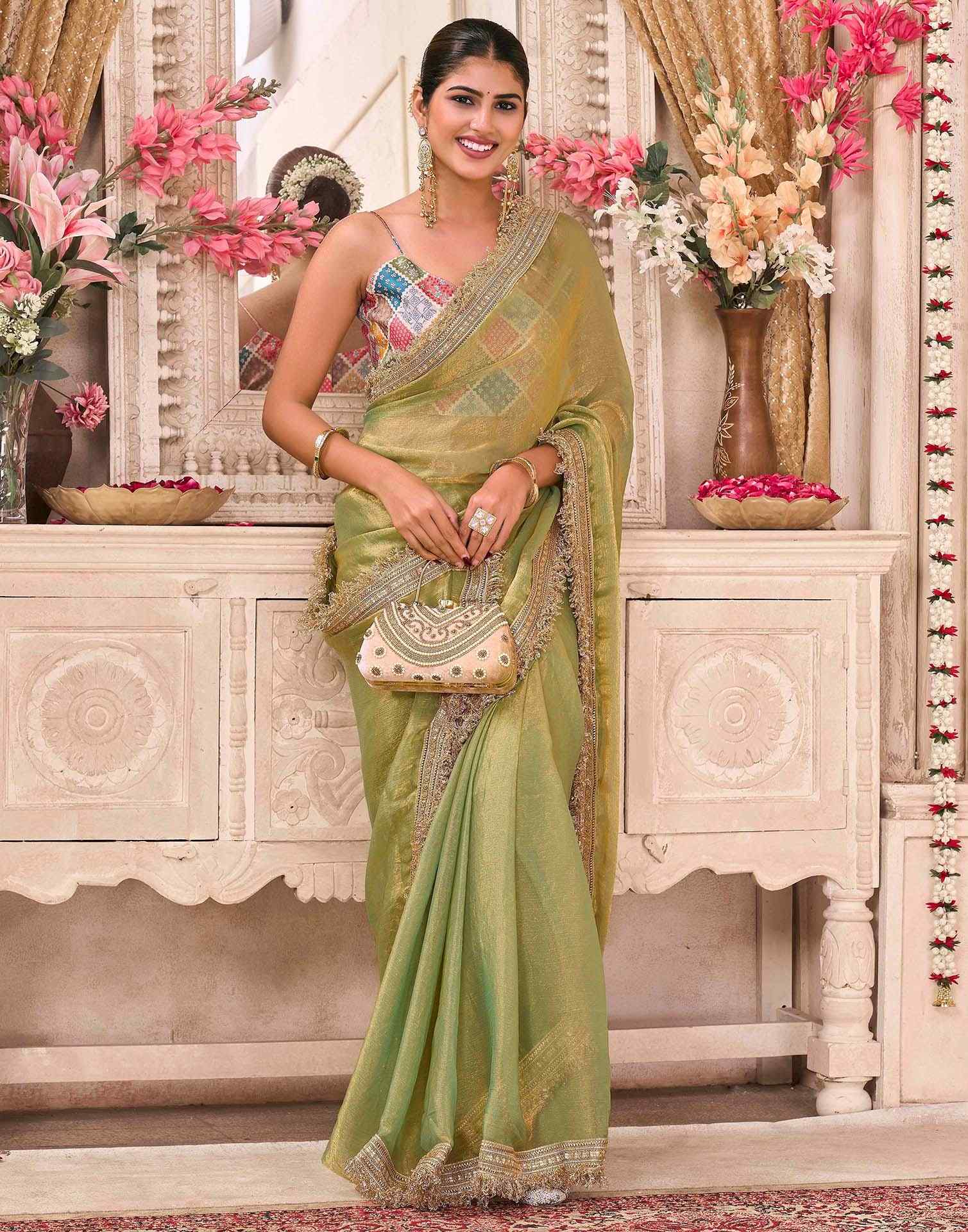 Parrot Green Shimmer Gota Lace Saree