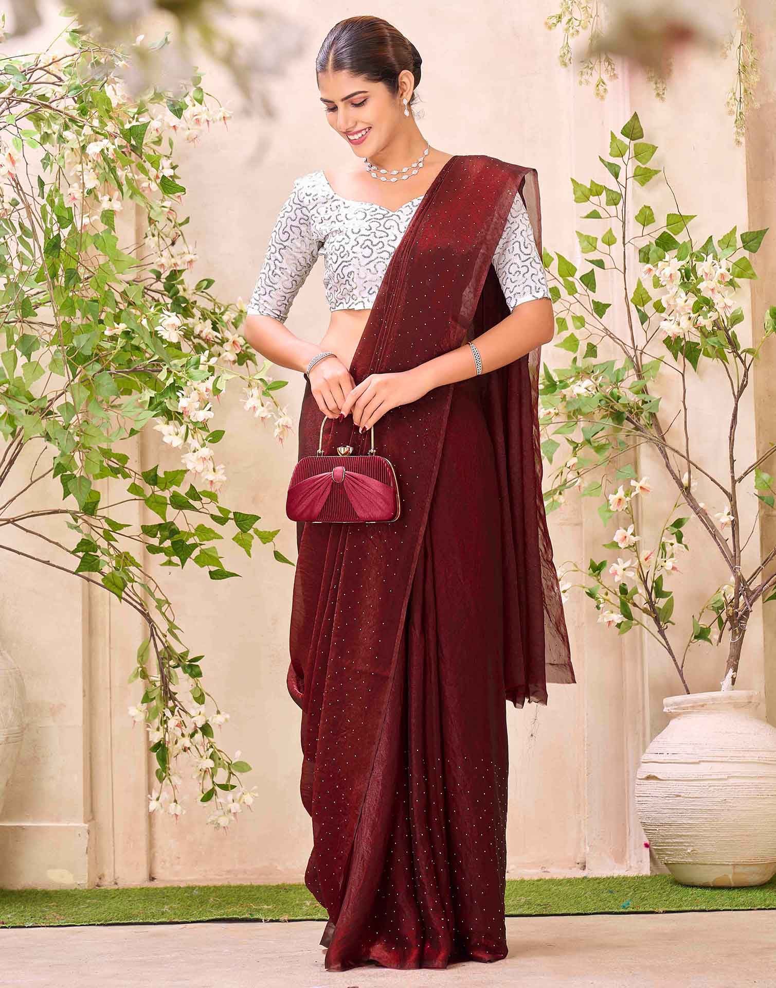 Maroon Shimmer Stone Work Swarovski Saree
