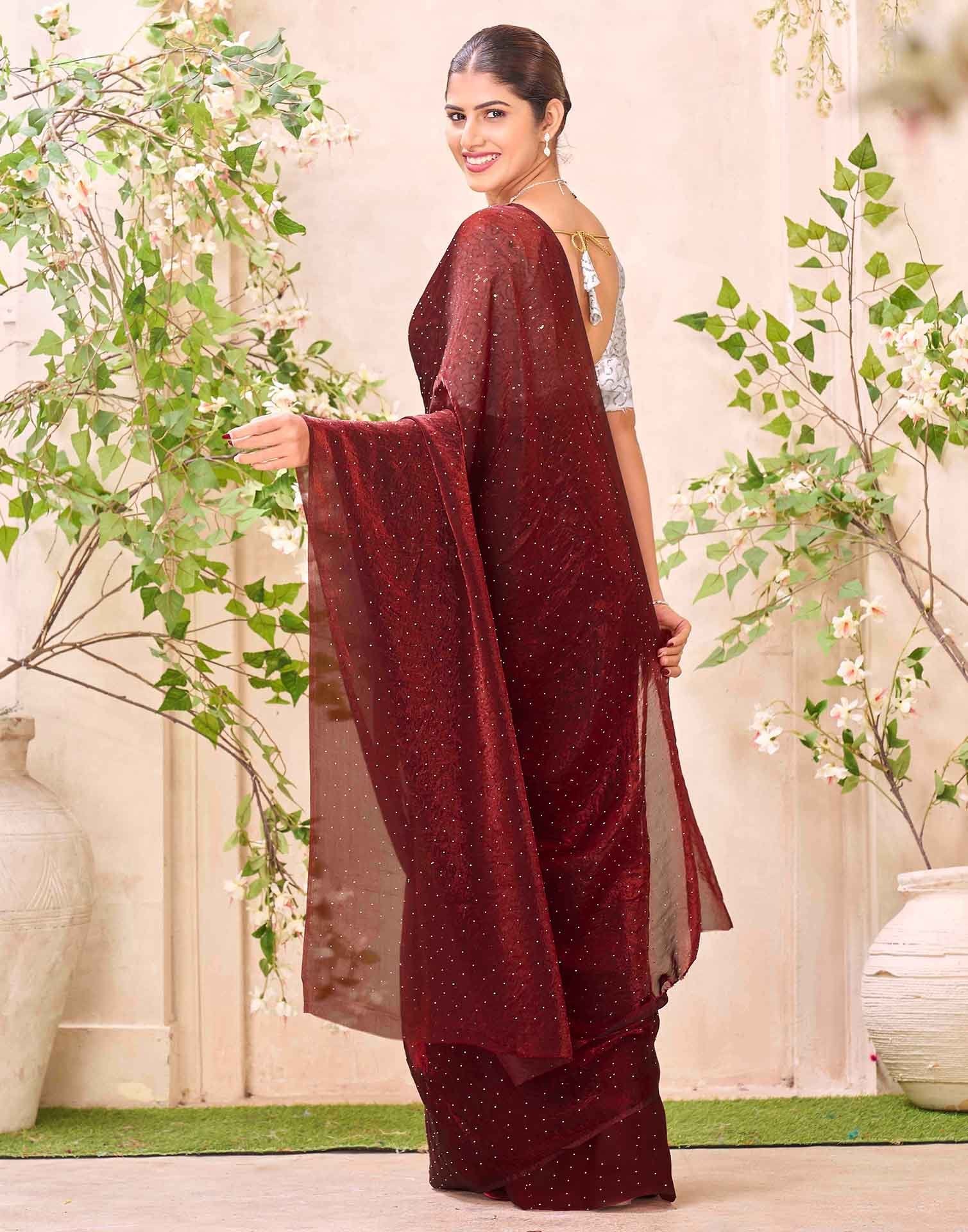 Maroon Shimmer Stone Work Swarovski Saree
