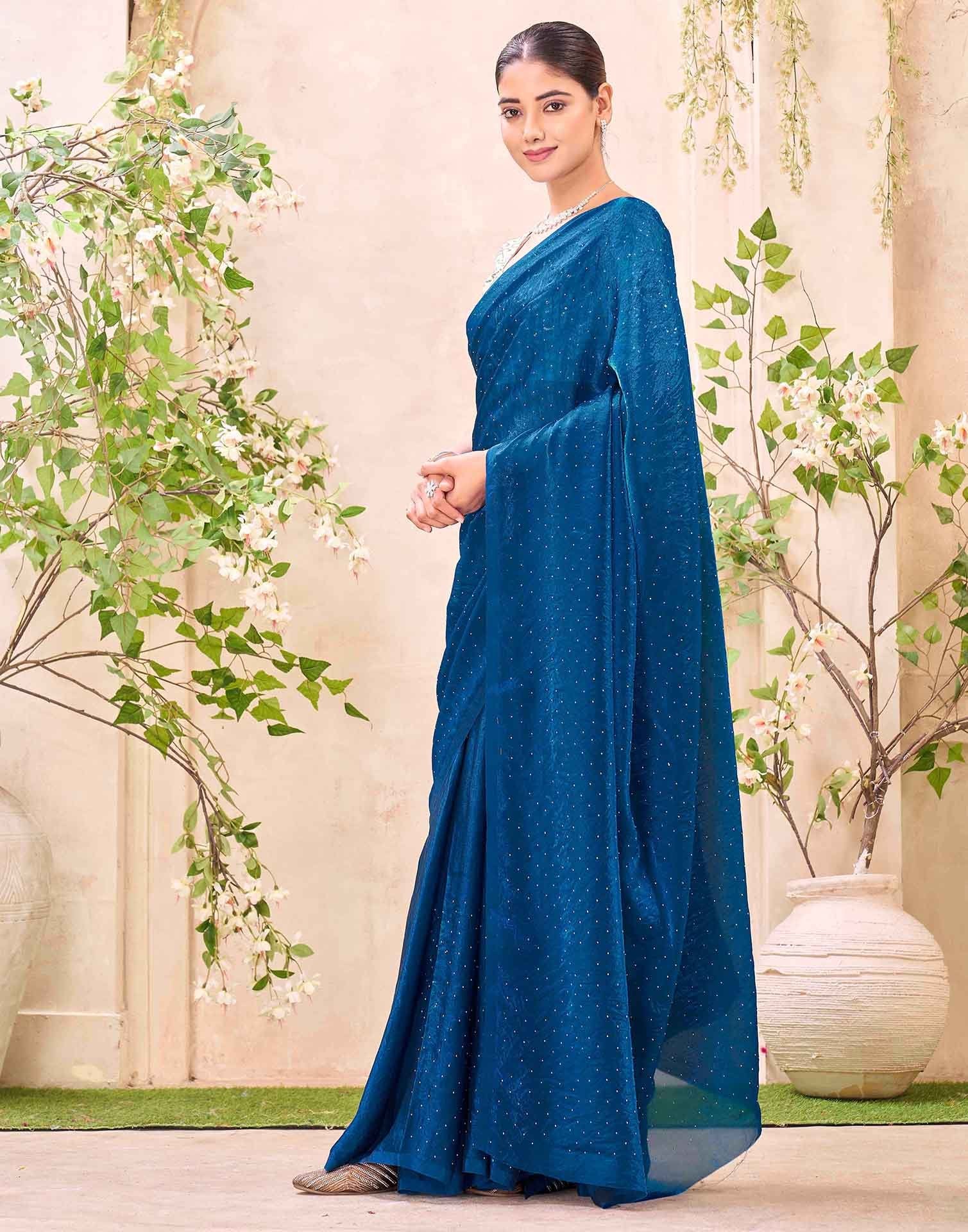Peacock Blue Shimmer Stone Work Swarovski Saree