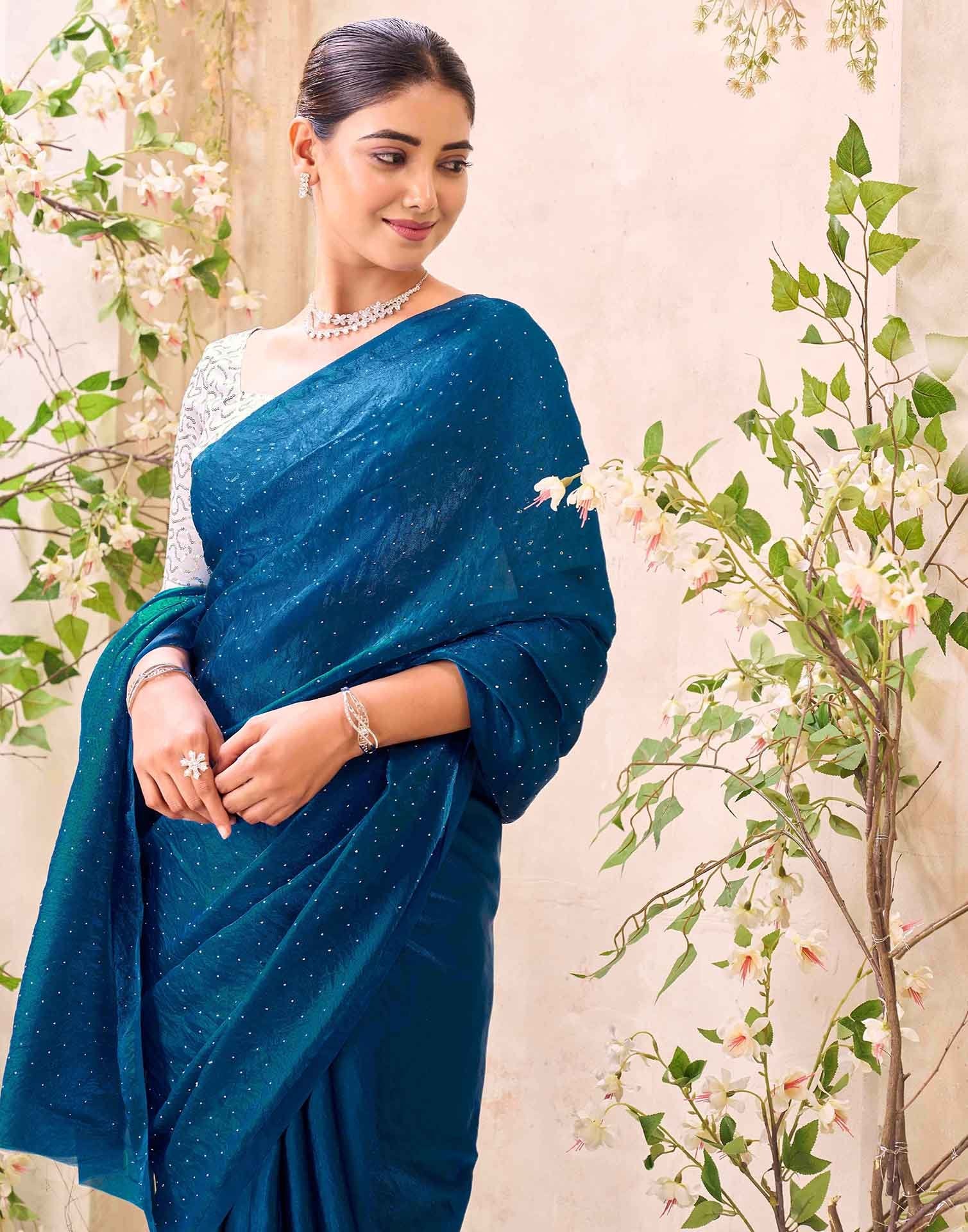 Peacock Blue Shimmer Stone Work Swarovski Saree