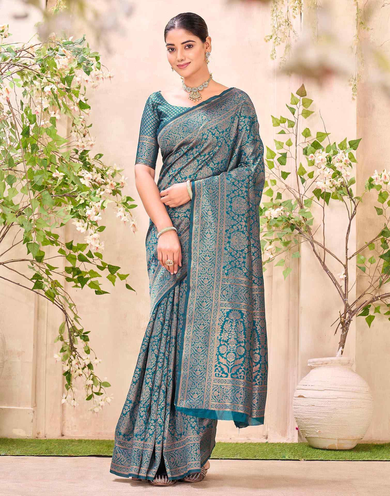 Teal Blue Silk Woven Banarasi Saree