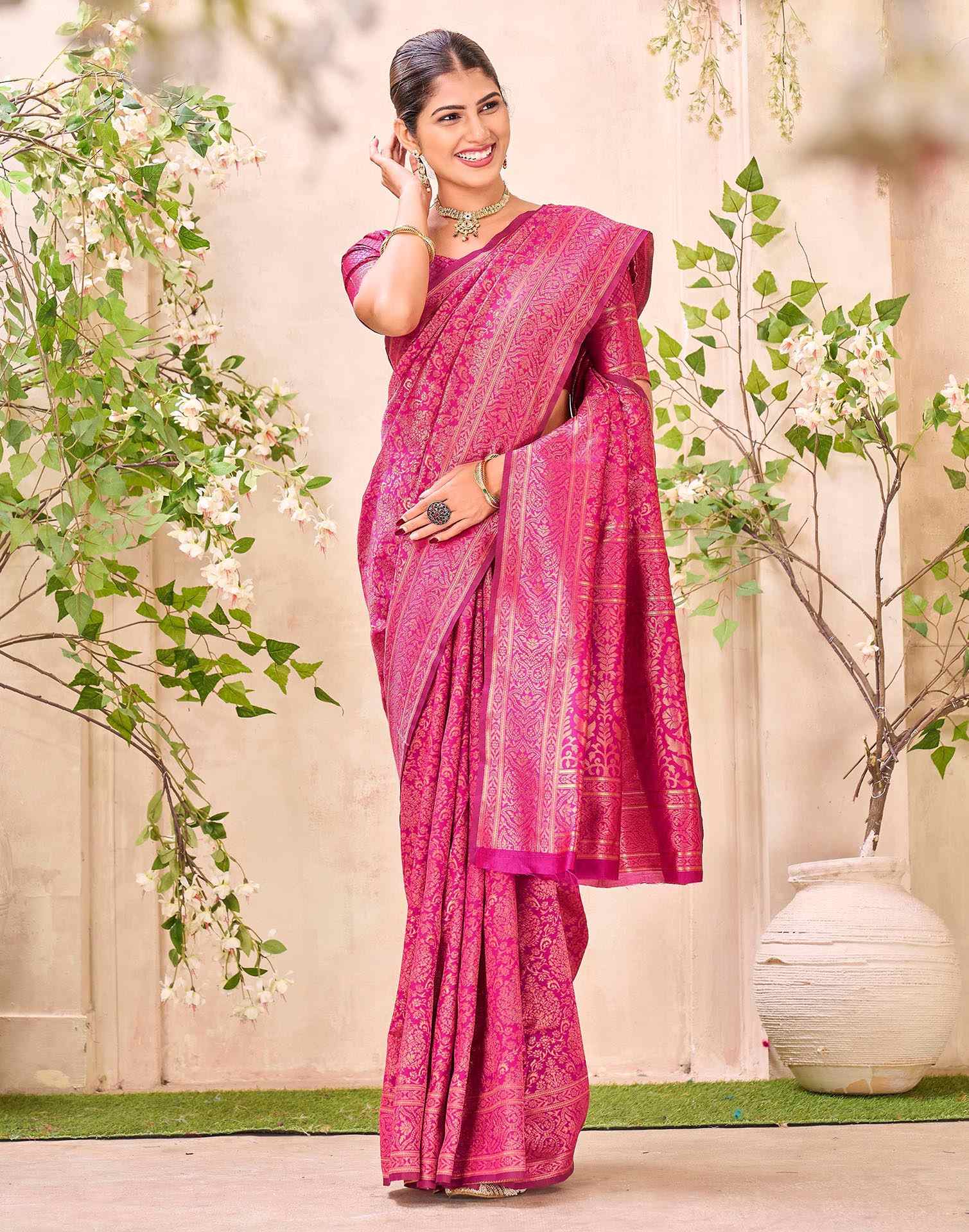 Rani Pink Silk Woven Banarasi Saree