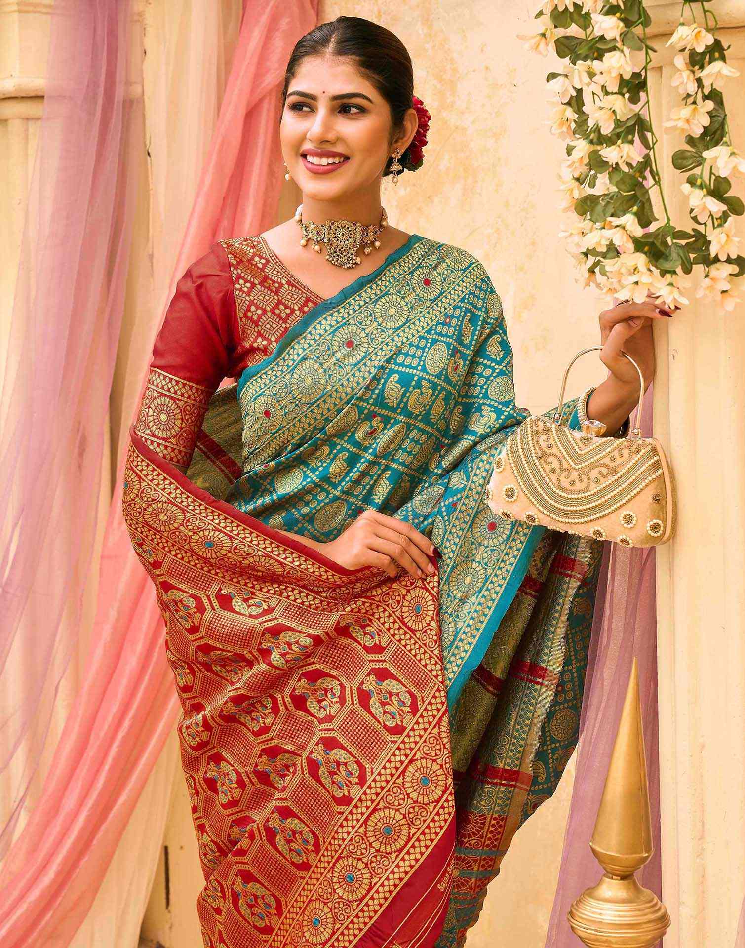 Teal Green Silk Woven Banarasi Saree
