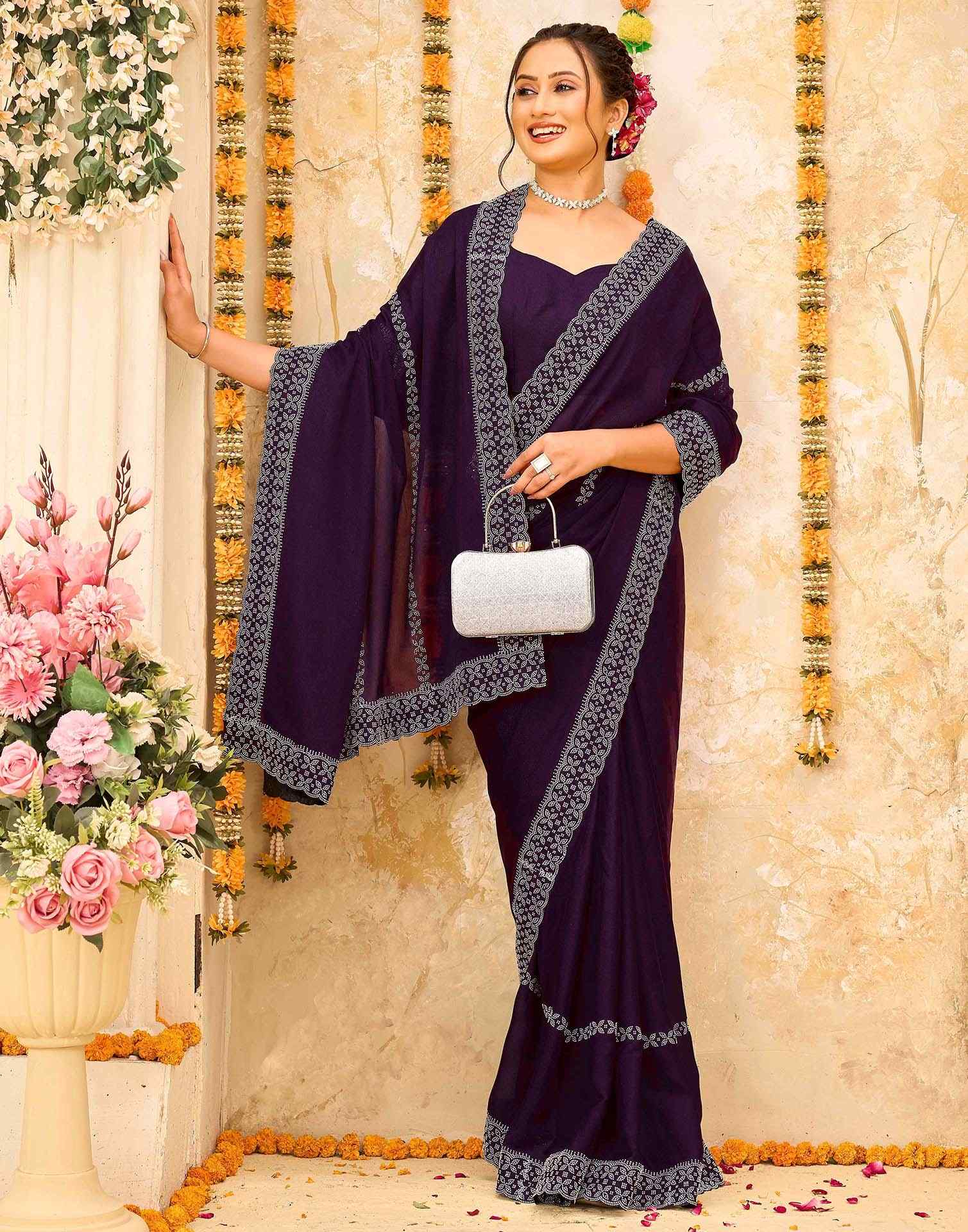 Wine Shimmer Stone Work Swarovski Saree